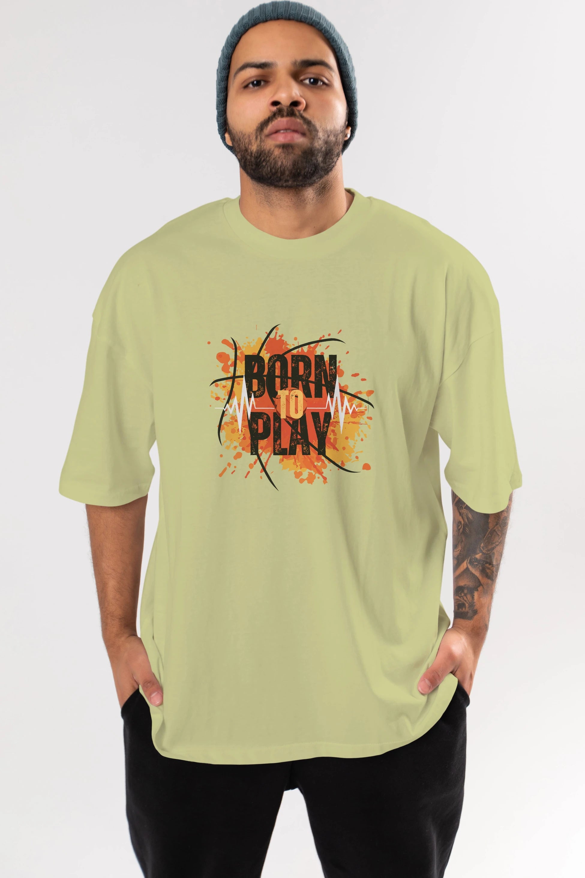 Born to Play Yazılı Ön Baskılı Oversize t-shirt Erkek Kadın Unisex