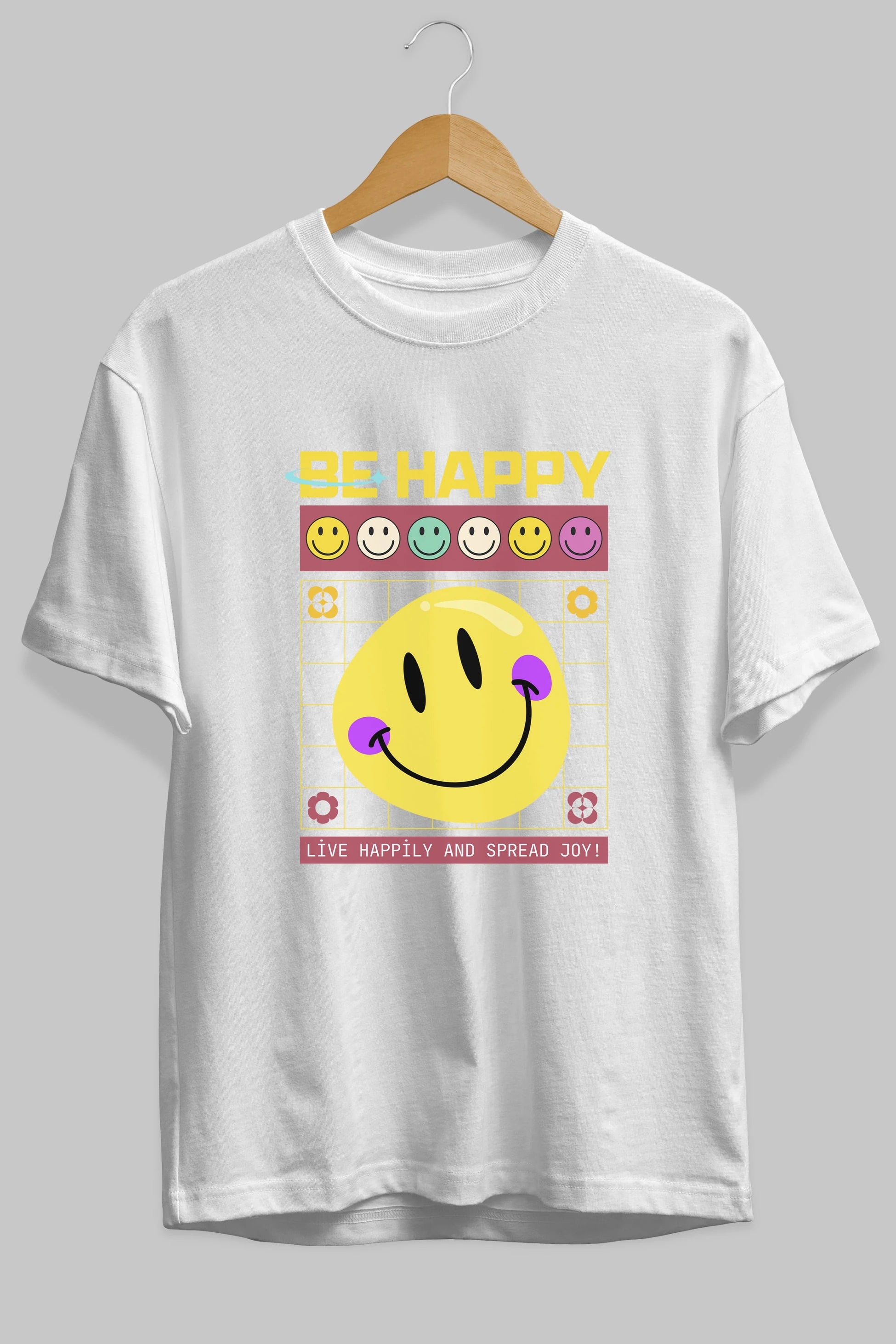 Be Happy Yazılı Ön Baskılı Oversize t-shirt Erkek Kadın Unisex