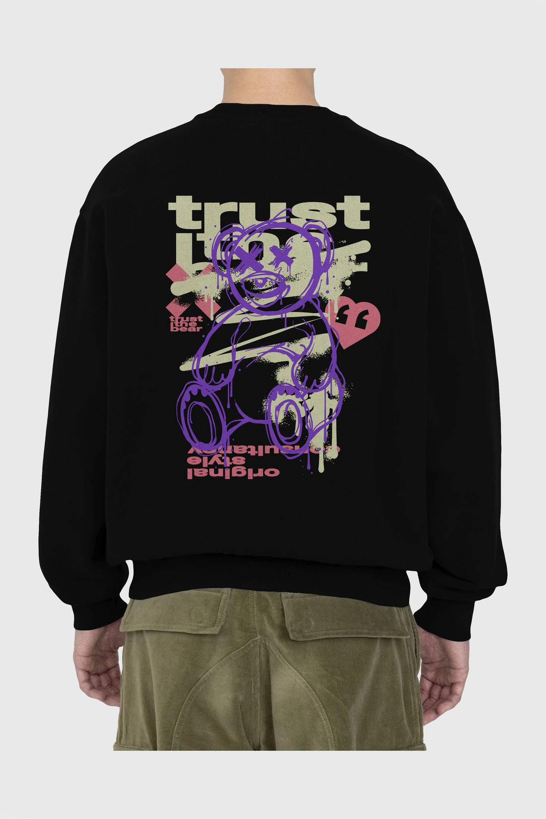 Trust The Bear 3 Arka Baskılı Oversize Sweatshirt Erkek Kadın Unisex