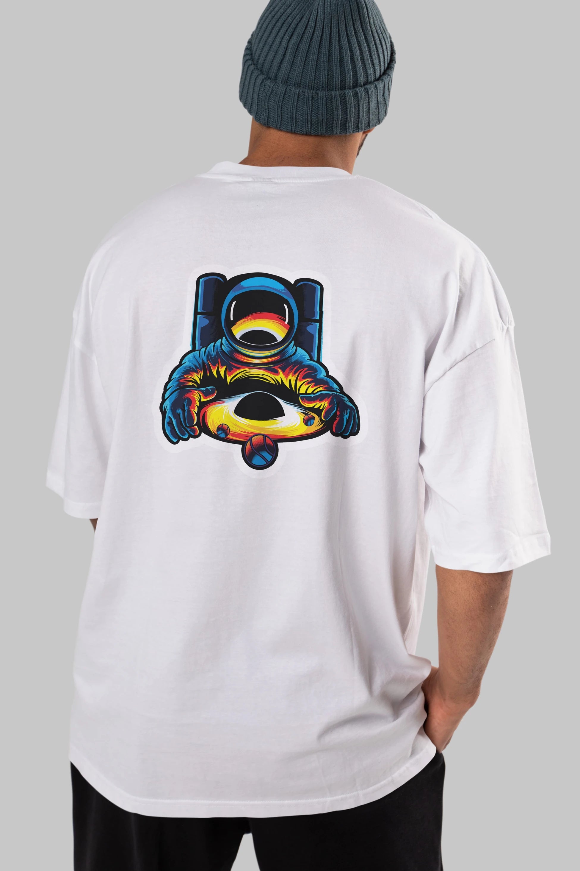Astronaut & Black Hole Sticker Arka Baskılı Oversize t-shirt Erkek Kadın Unisex