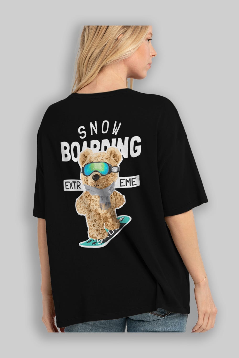 Teddy Bear Snow Boarding Arka Baskılı Oversize t-shirt Erkek Kadın Unisex %100 Pamuk