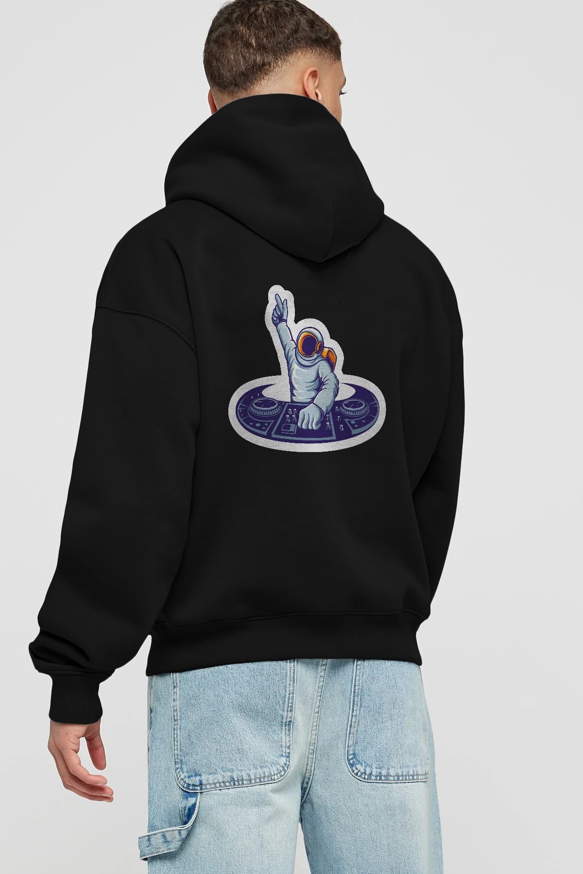 Astronaut Disk Jockey Party Sticker Arka Baskılı Hoodie Oversize Kapüşonlu Sweatshirt Erkek Kadın Unisex