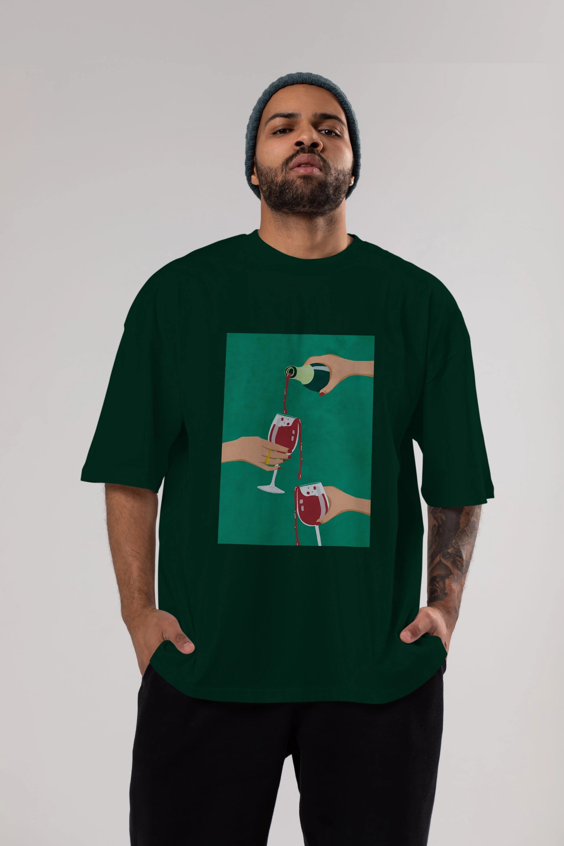 Wine 2 Ön Baskılı Oversize t-shirt Erkek Kadın Unisex %100 Pamuk Bisiklet Yaka tişort
