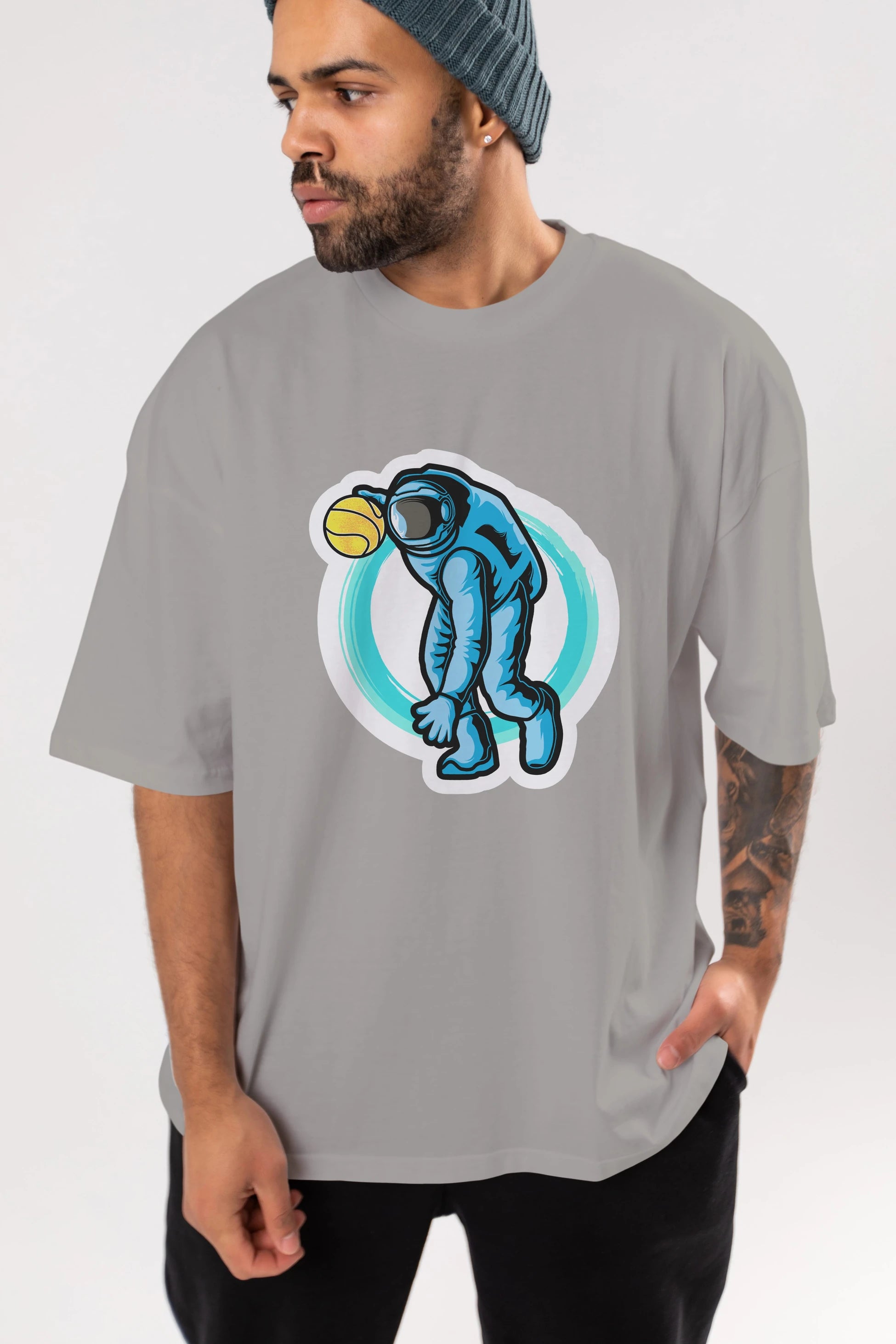 Astronaut Dribble Sticker Ön Baskılı Oversize t-shirt Erkek Kadın Unisex