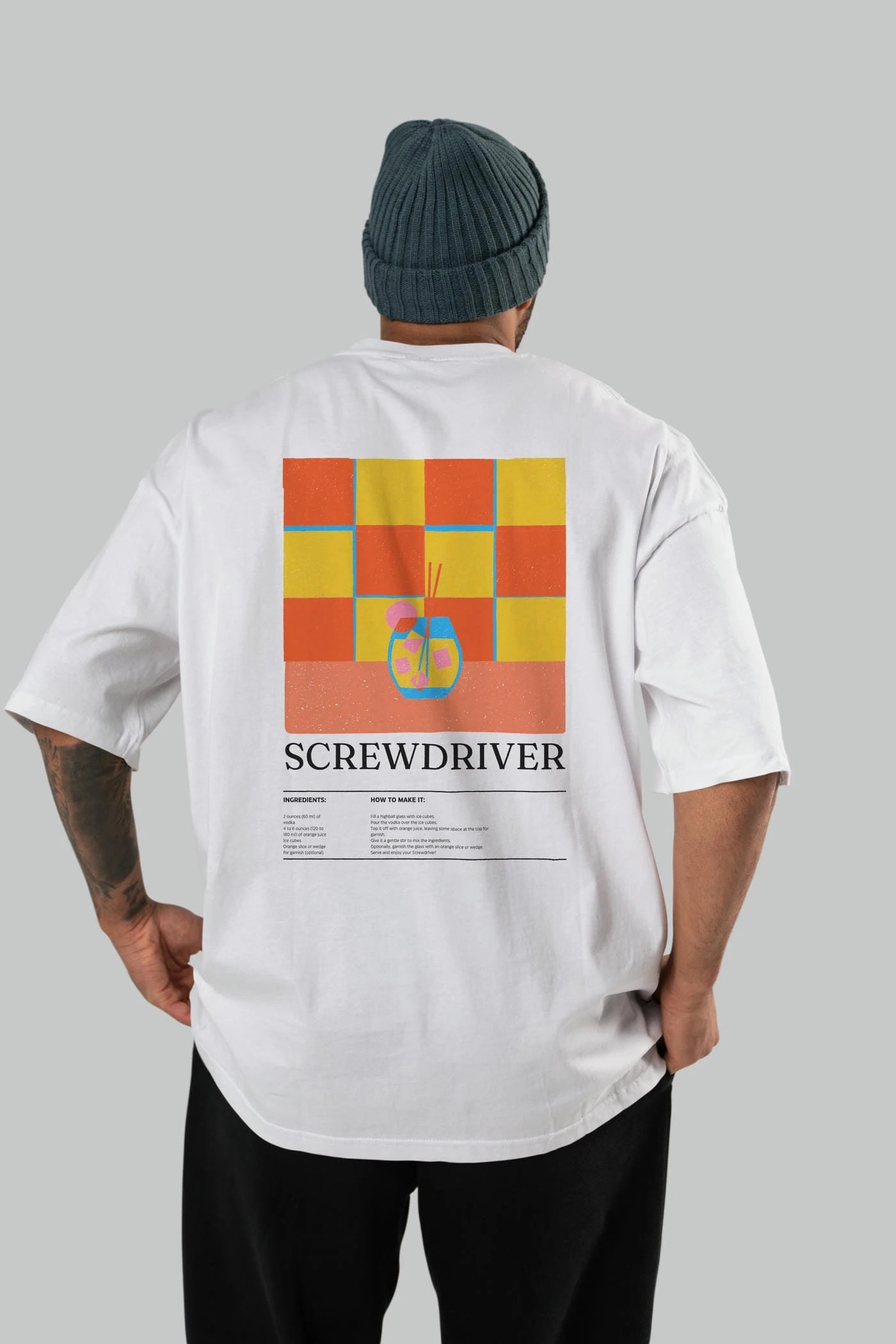 Screwdriver Kokteyl Serisi Arka Baskılı Oversize t-shirt Erkek Kadın %100 Pamuk Bisiklet Yaka tişort