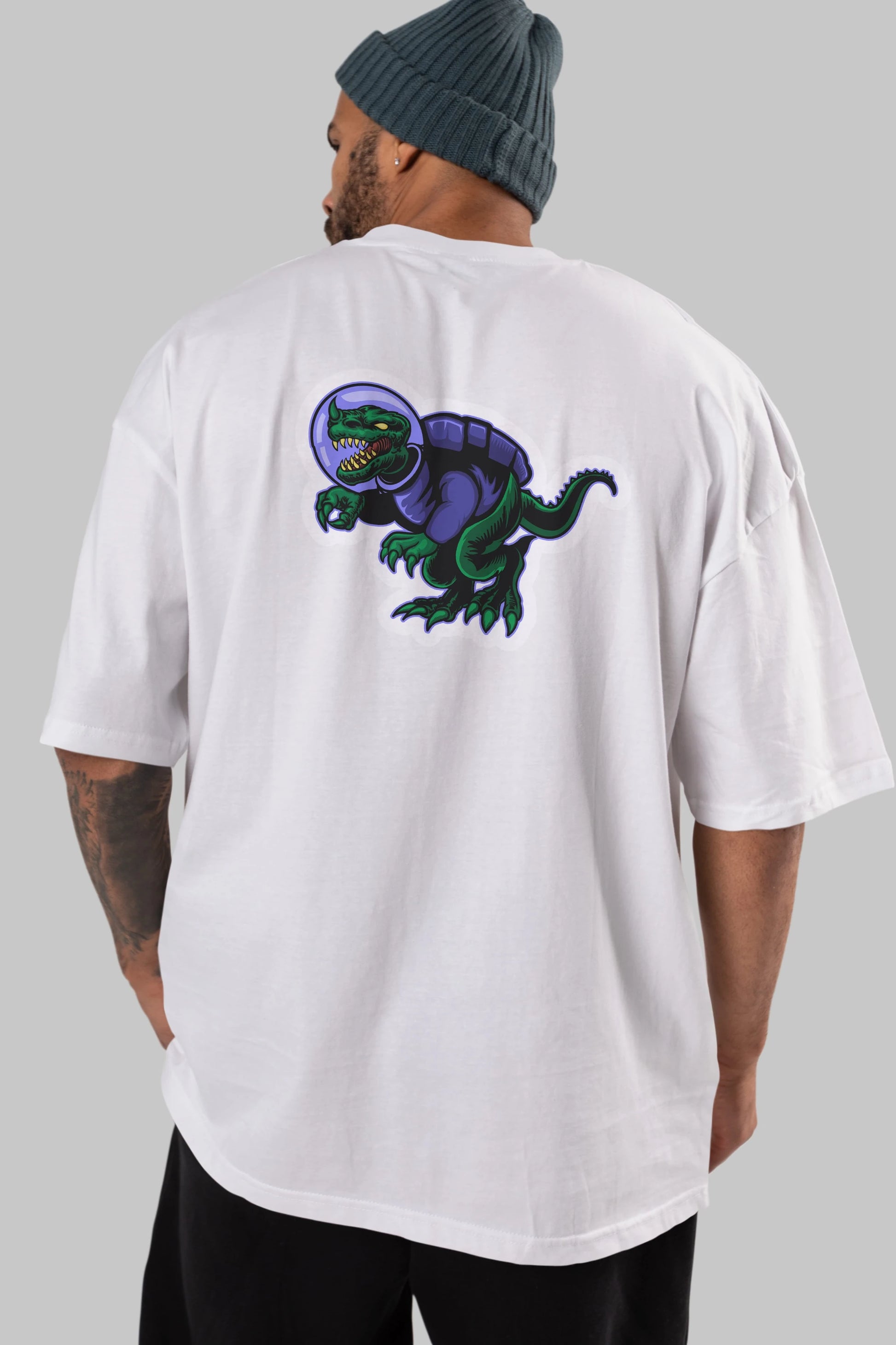 Space Dino Sticker Arka Baskılı Oversize t-shirt Erkek Kadın Unisex