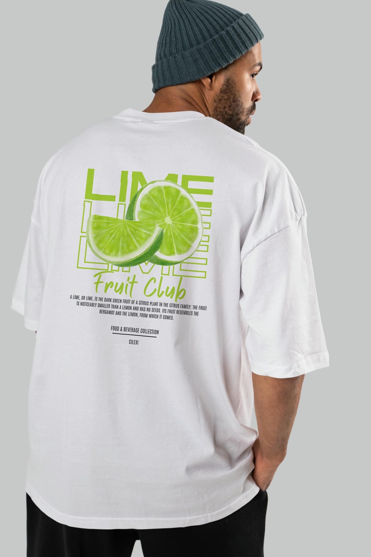Lime Arka Baskılı Oversize t-shirt Erkek Kadın Pamuk Bisiklet Yaka tişort