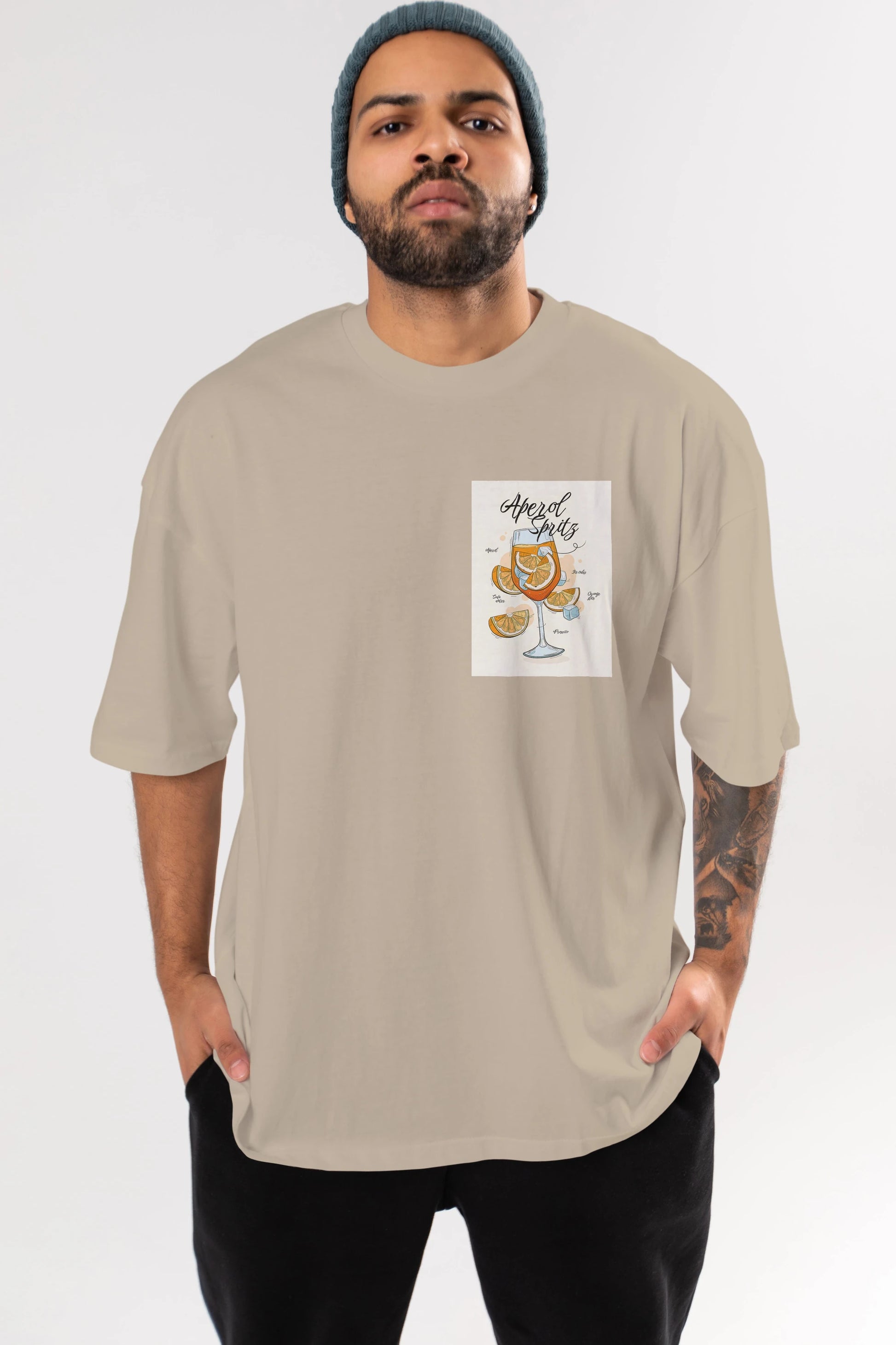 Aperol Spritz 6 Ön Sol Baskılı Oversize t-shirt Erkek Kadın Unisex %100 Pamuk Bisiklet Yaka tişort