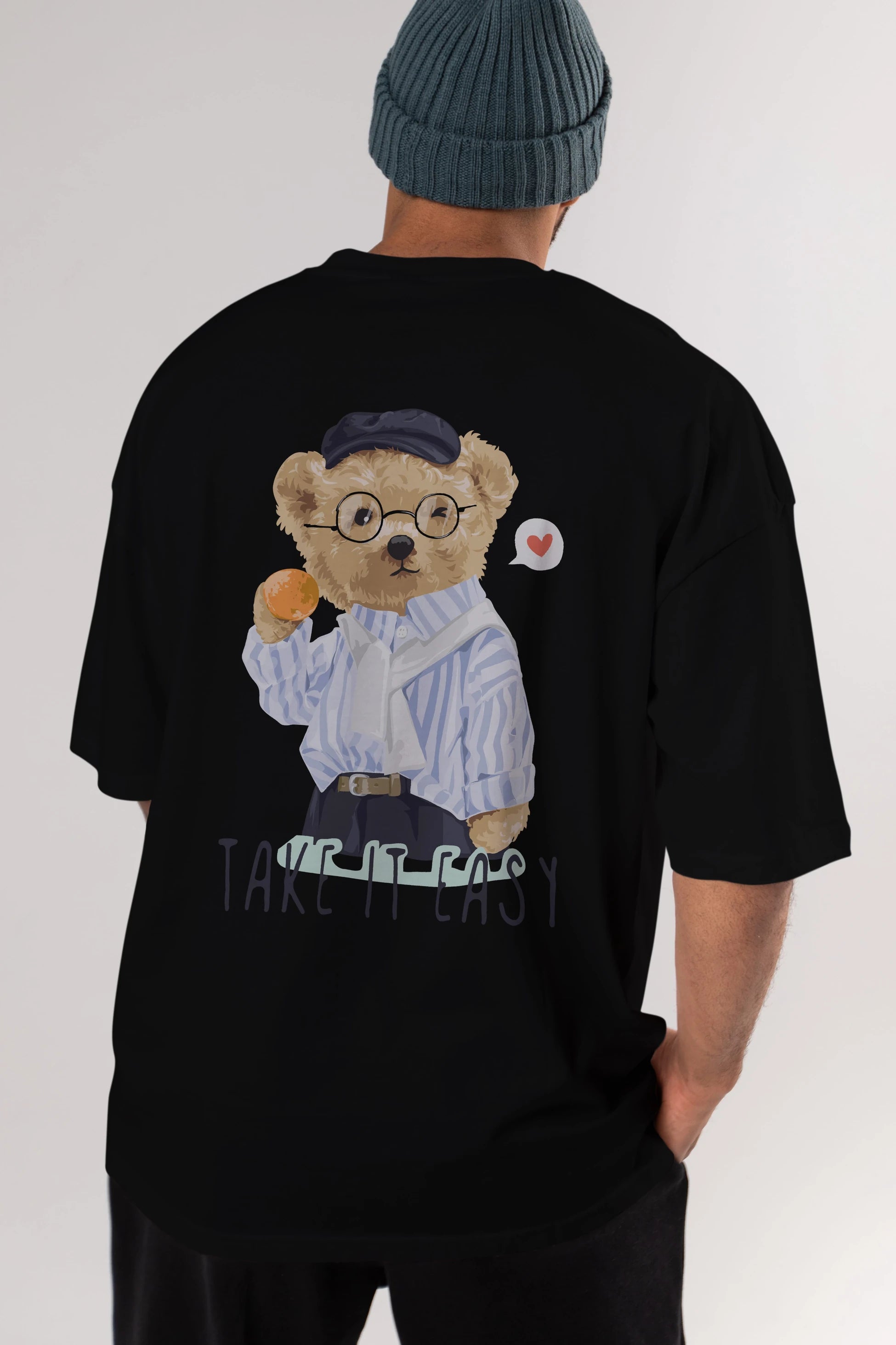 Teddy Bear Take it Easy Arka Baskılı Oversize t-shirt Erkek Kadın Unisex %100 Pamuk