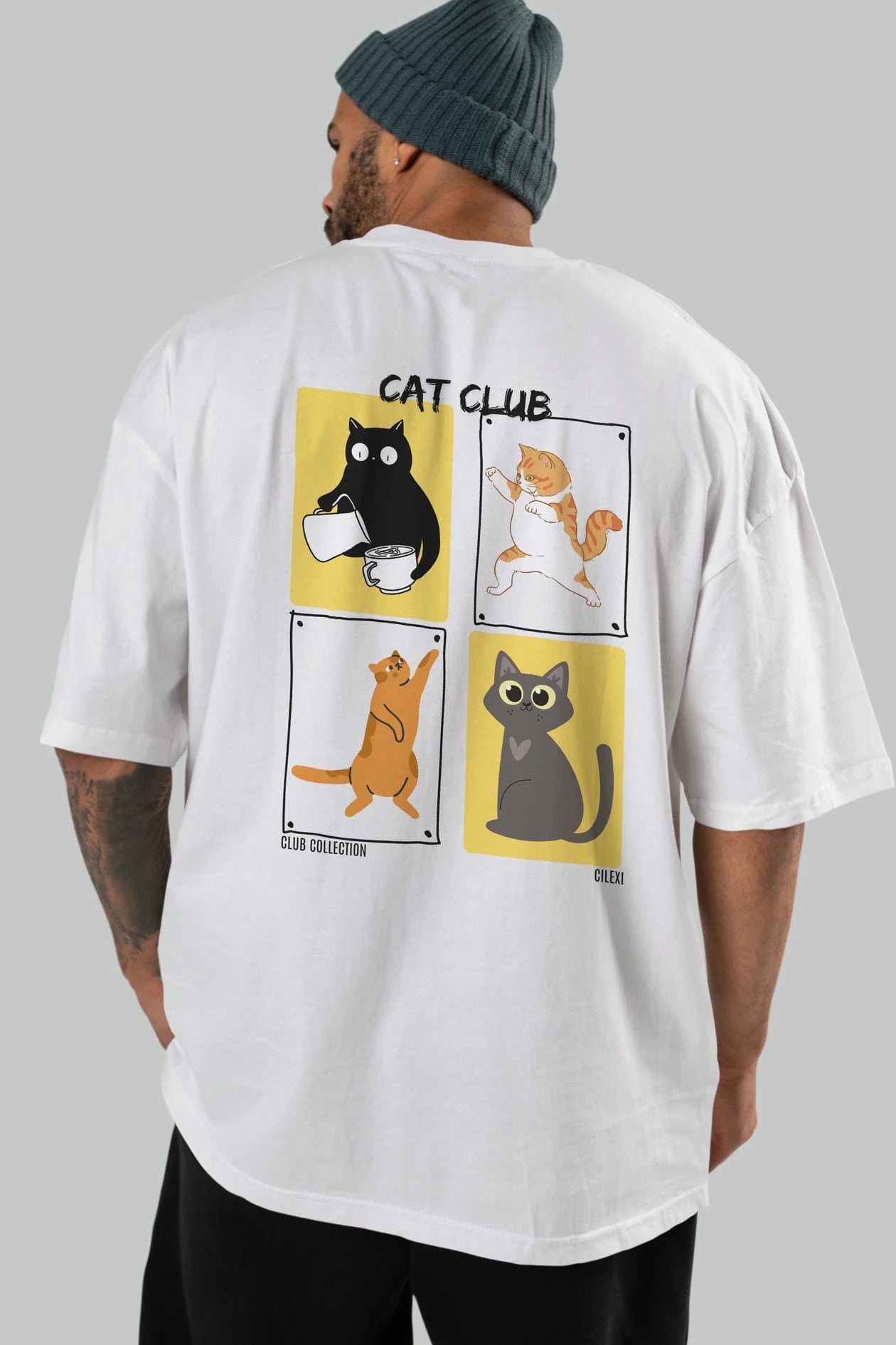 Cat Club Arka Baskılı Oversize t-shirt Erkek Kadın %100 Pamuk Bisiklet Yaka tişort