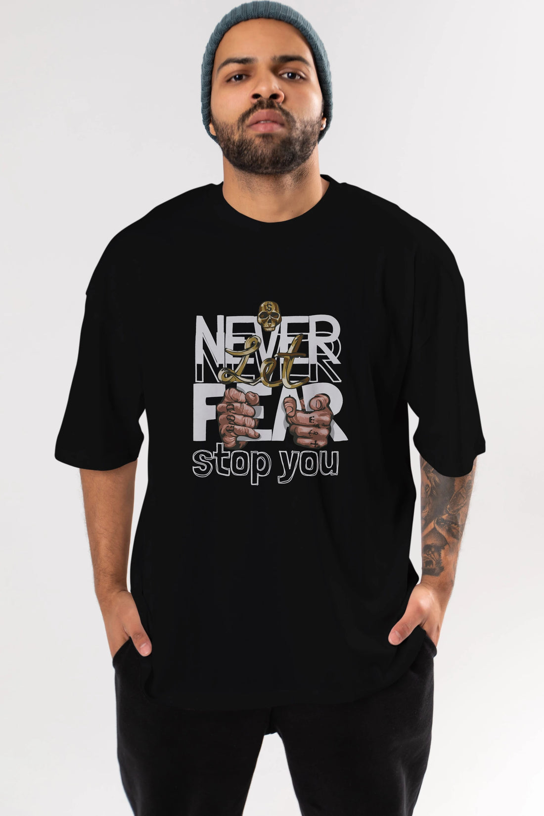 Never Let Fear Ön Baskılı Oversize t-shirt Erkek Kadın Unisex