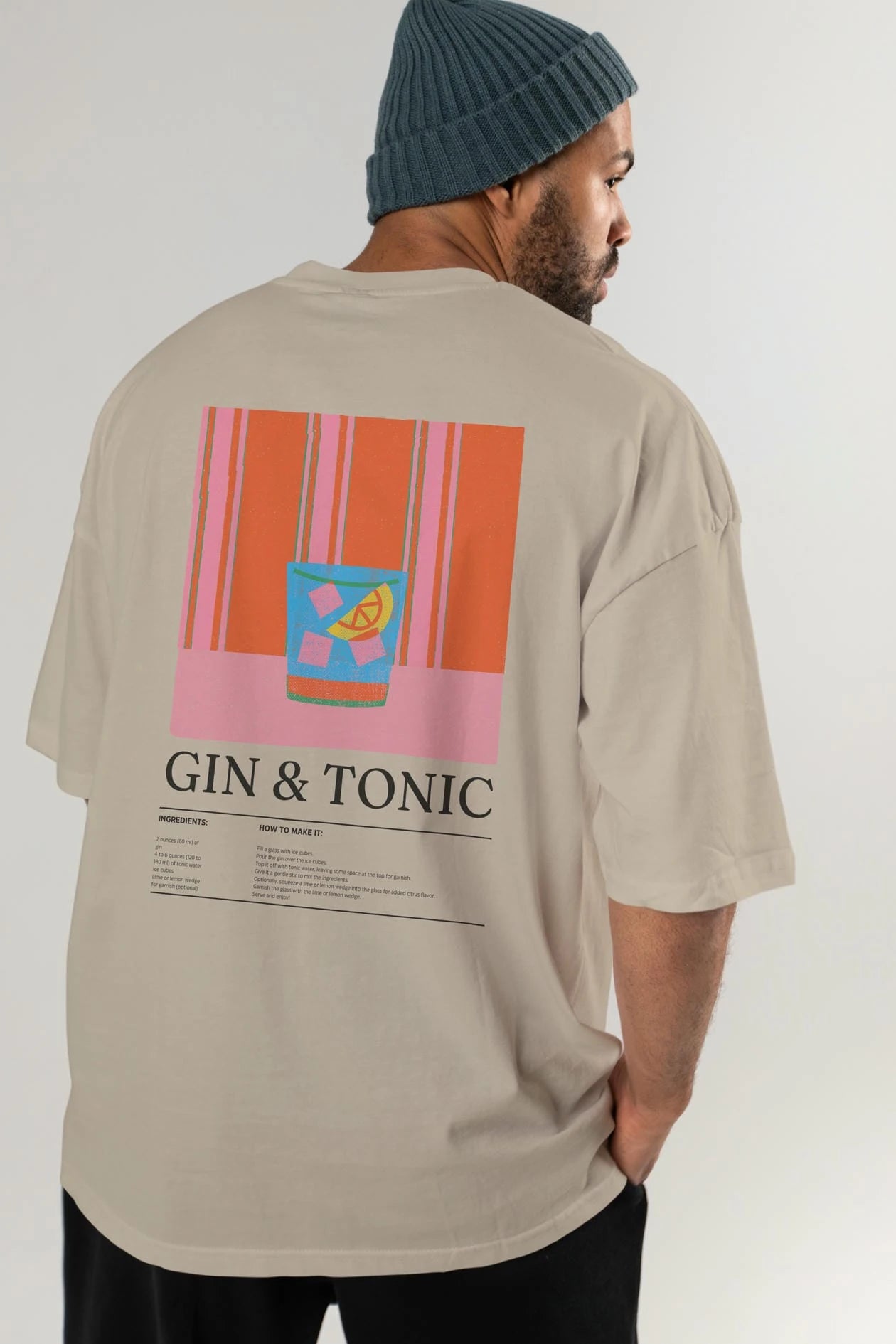 Gin Tonic Kokteyl Serisi Arka Baskılı Oversize t-shirt Erkek Kadın %100 Pamuk Bisiklet Yaka tişort