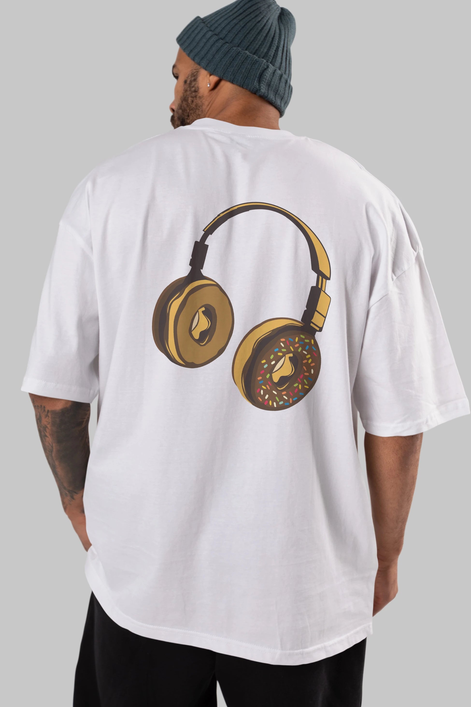 Headphone Donut Arka Baskılı Oversize t-shirt %100 pamuk Erkek Kadın Unisex