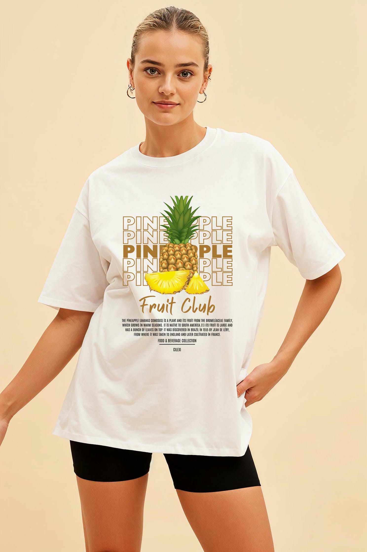 Pineapple Ön Baskılı Oversize t-shirt Erkek Kadın Pamuk Bisiklet Yaka tişort