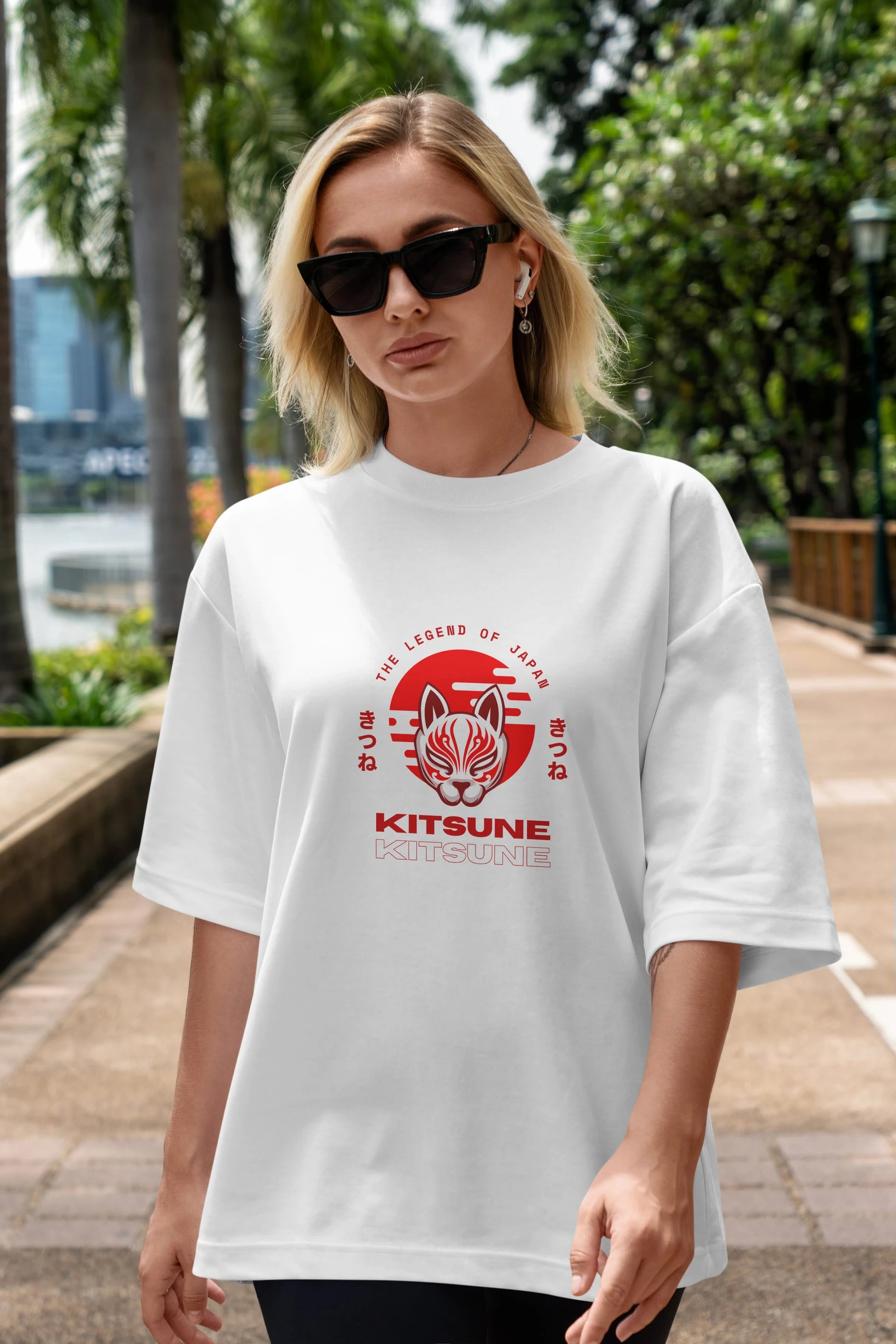Kitsune Mask Ön Baskılı Oversize t-shirt Erkek Kadın Unisex