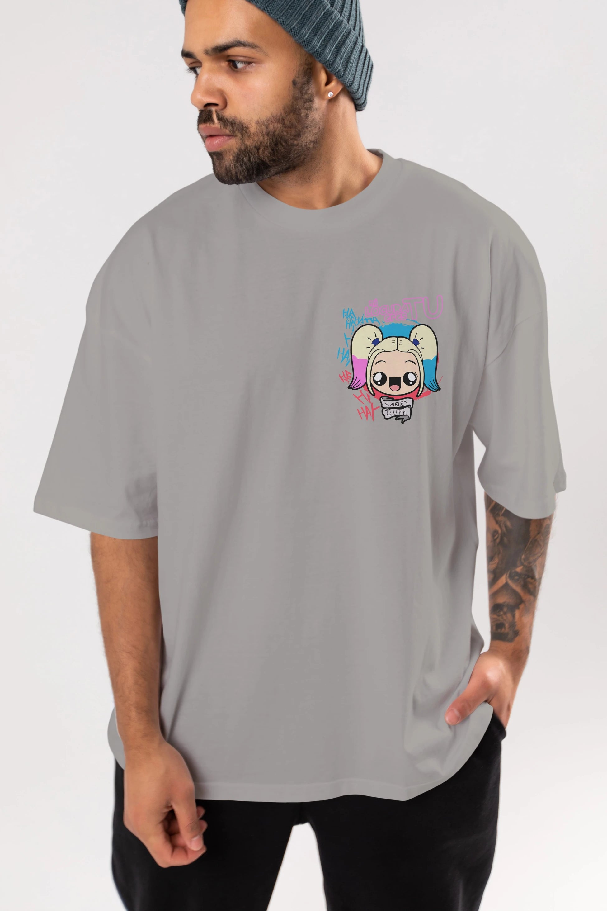 Harley Quinn Ön Sol Baskılı Oversize t-shirt Erkek Kadın Unisex %100 Pamuk Bisiklet Yaka tişort