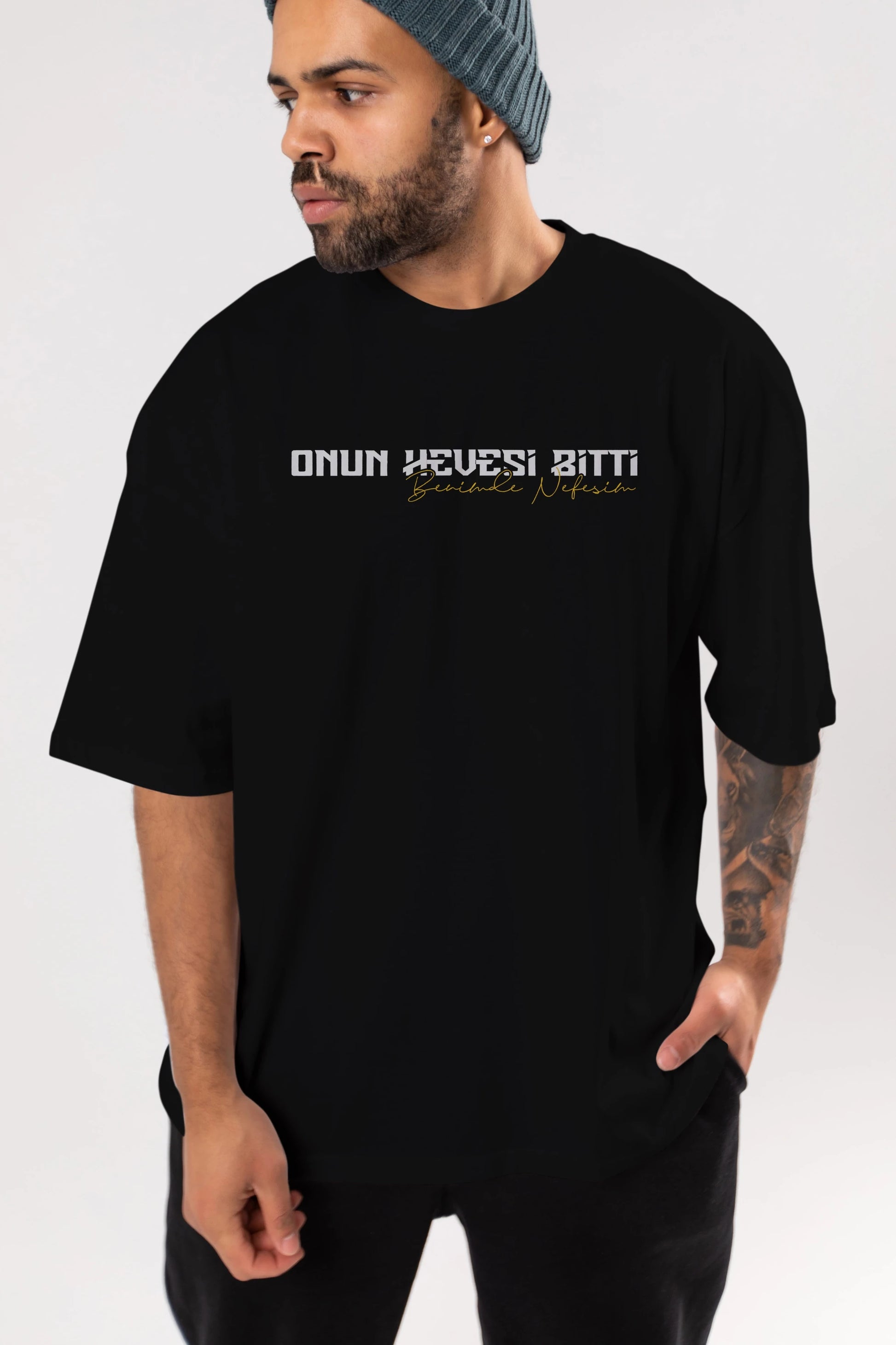 Onun Hevesi Bitti Benim Ön Baskılı Oversize t-shirt %100 pamuk Erkek Kadın Unisex