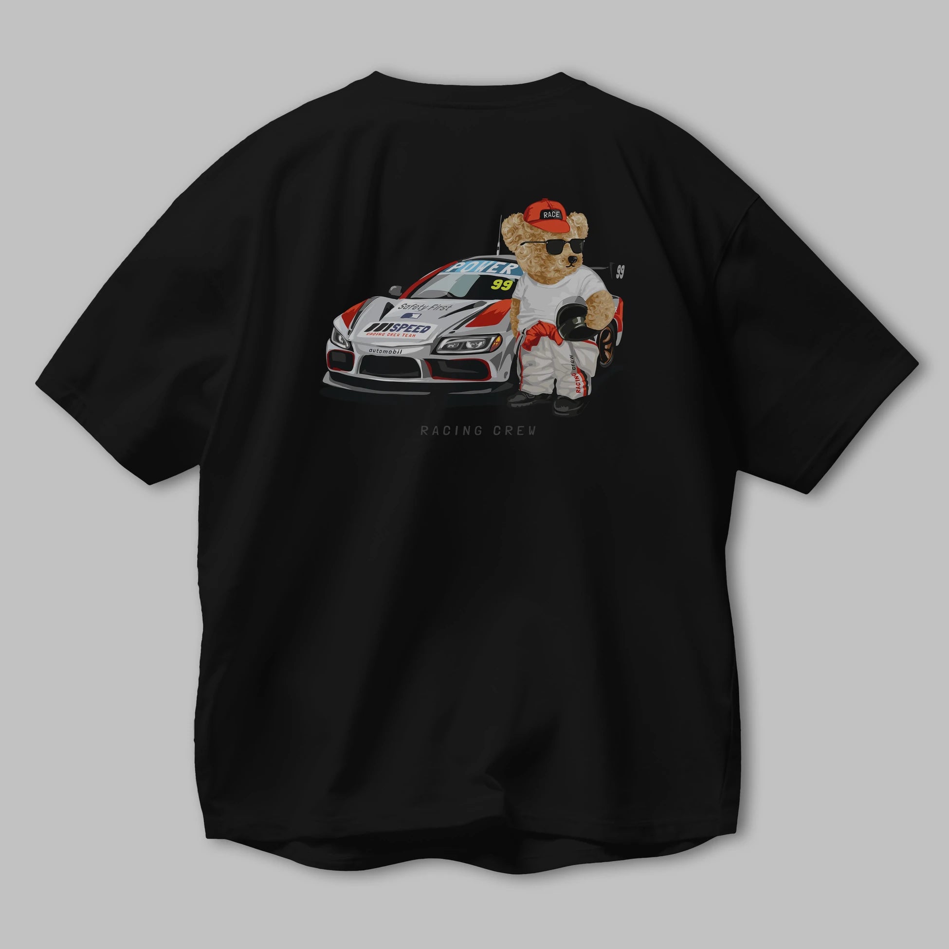 Teddy Bear Racing Crew Arka Baskılı Oversize t-shirt Erkek Kadın Unisex %100 Pamuk