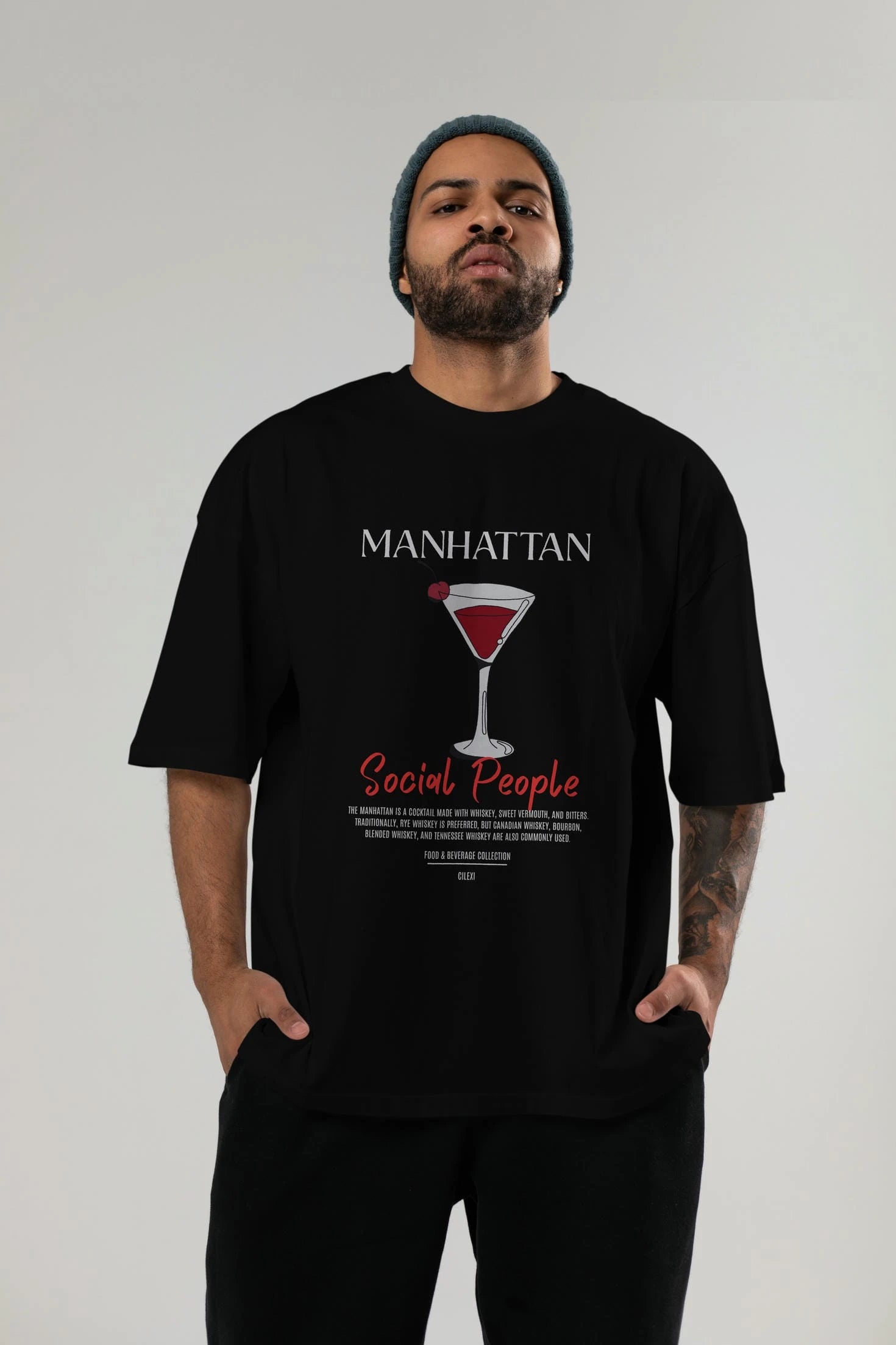 Manhattan Kokteyl Serisi ön Baskılı Oversize t-shirt Erkek Kadın %100 Pamuk Bisiklet Yaka tişort