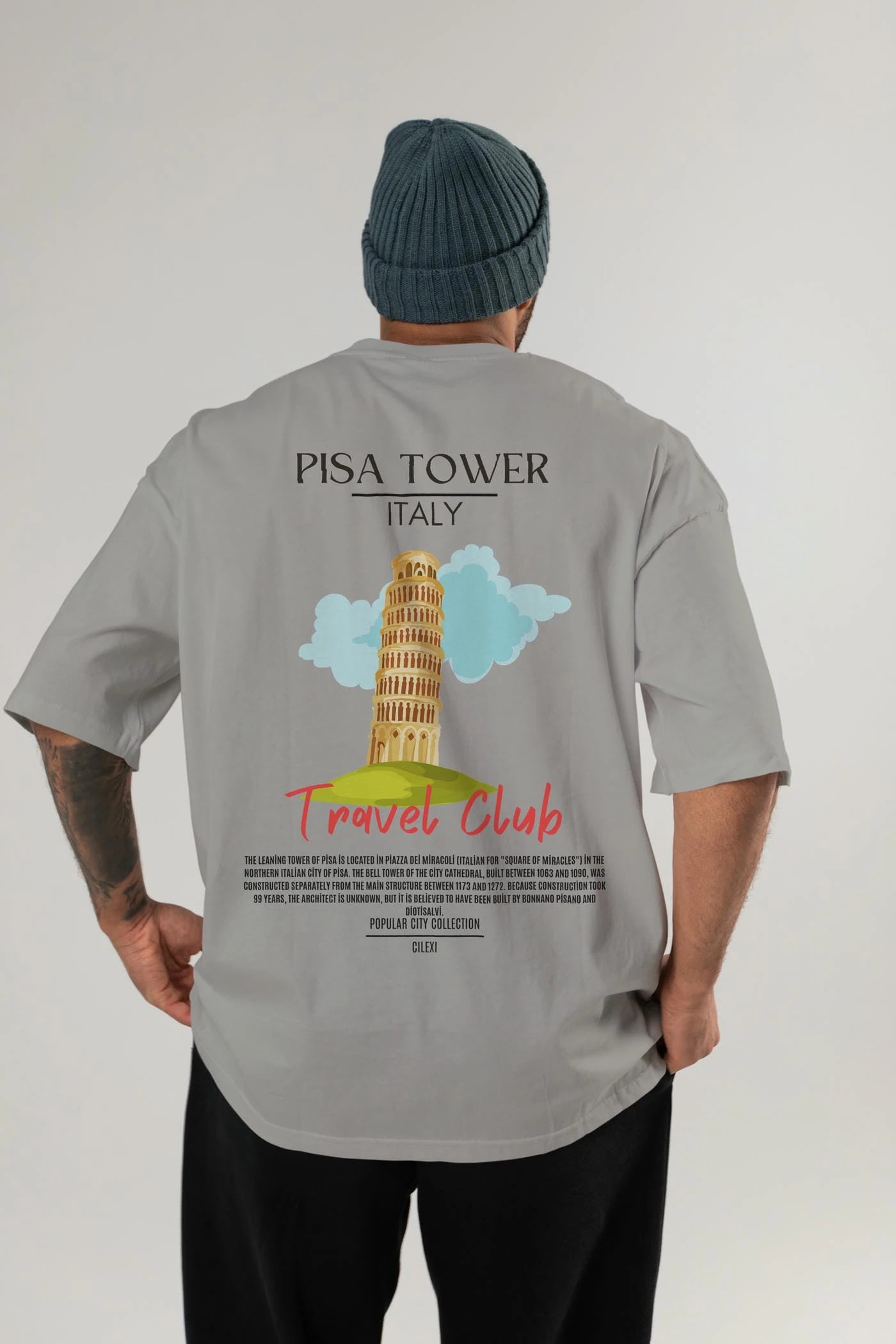 Pisa Tower İtaly Arka Baskılı Oversize t-shirt Erkek Kadın Pamuk Bisiklet Yaka tişort