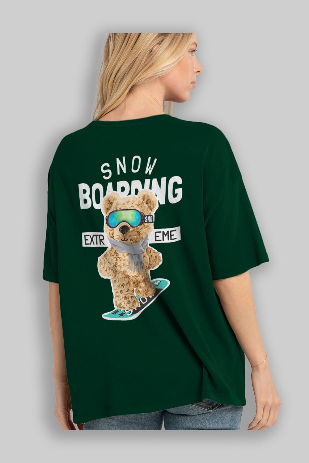 Teddy Bear Snow Boarding Arka Baskılı Oversize t-shirt Erkek Kadın Unisex %100 Pamuk