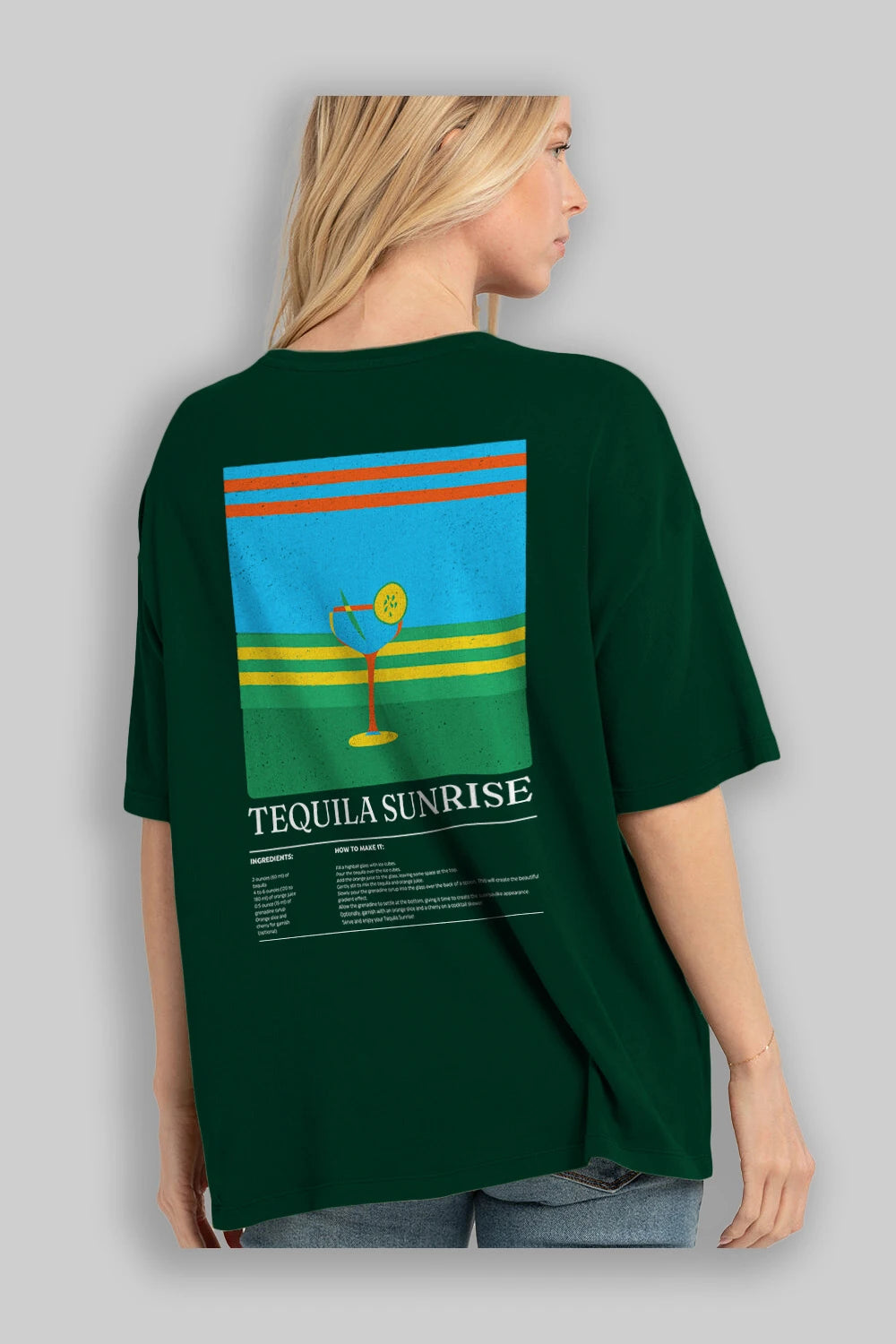 Tequila Sunrise Kokteyl Serisi Arka Baskılı Oversize t-shirt Erkek Kadın %100 Pamuk Bisiklet Yaka tişort