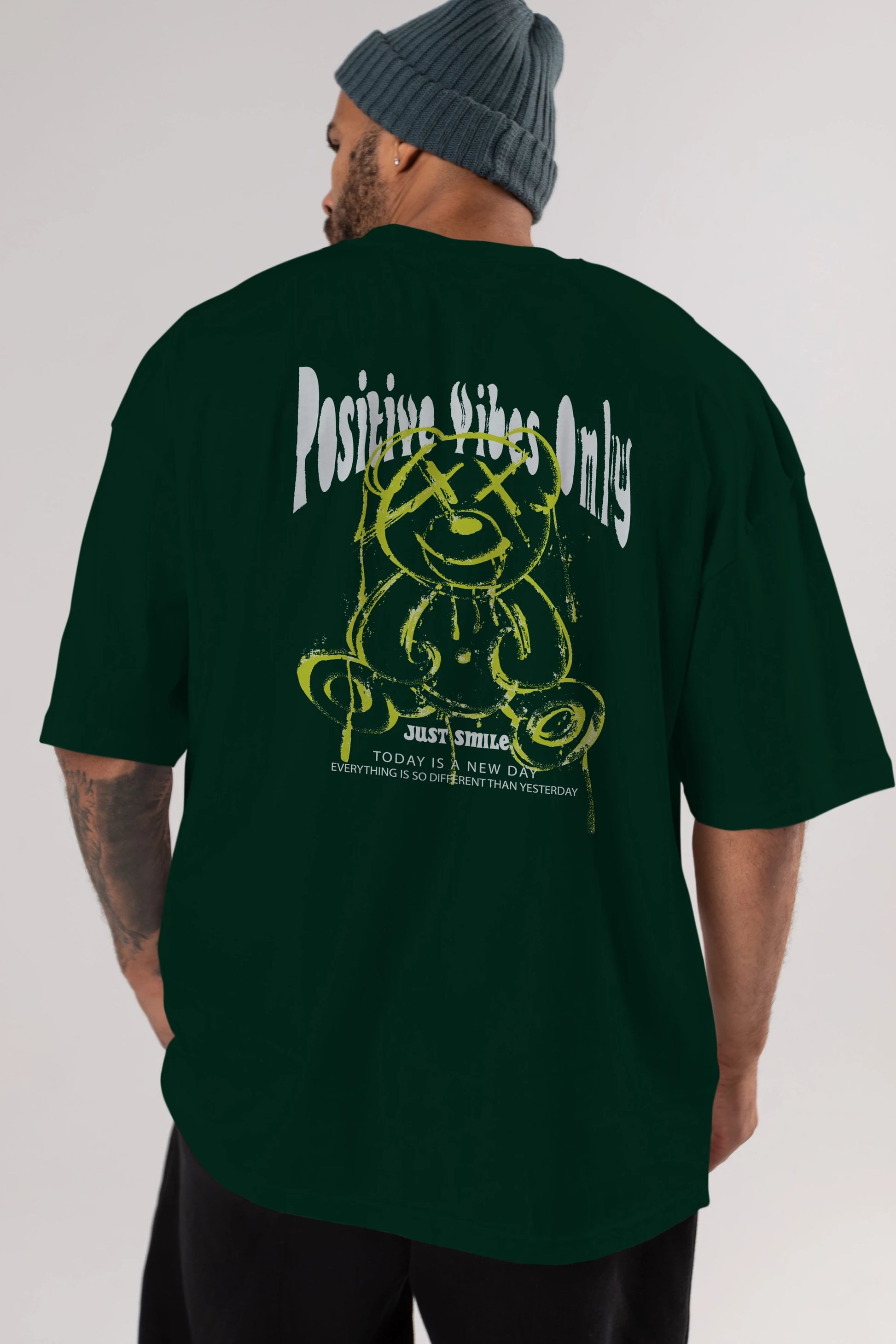 Positive Vibes Only Bear Arka Baskılı Oversize t-shirt Erkek Kadın Unisex