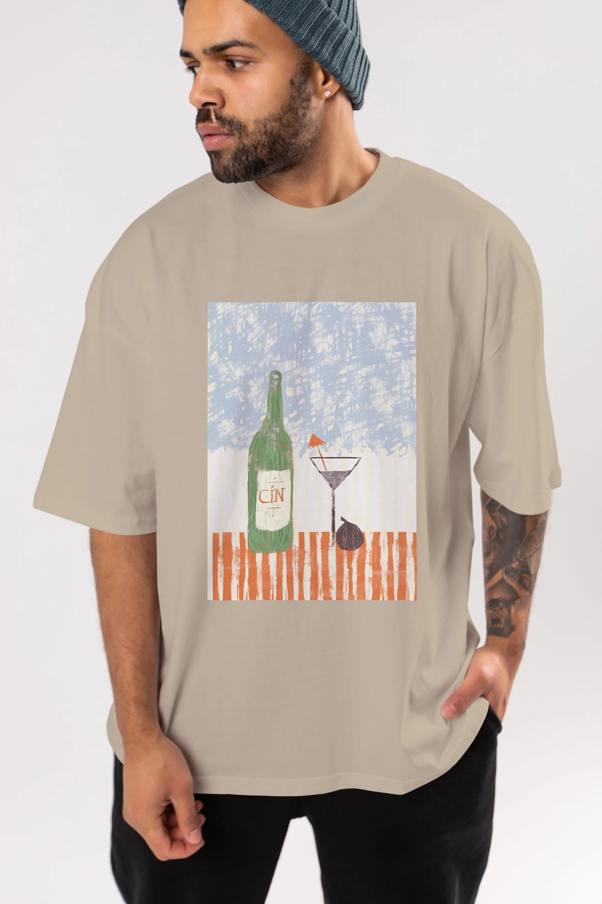 Gin Ön Baskılı Oversize t-shirt Erkek Kadın Unisex %100 Pamuk Bisiklet Yaka tişort