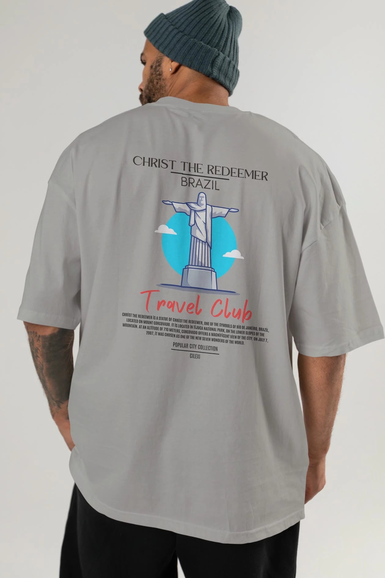 Christ The Redeemer Brazil Arka Baskılı Oversize t-shirt Erkek Kadın Pamuk Bisiklet Yaka tişort