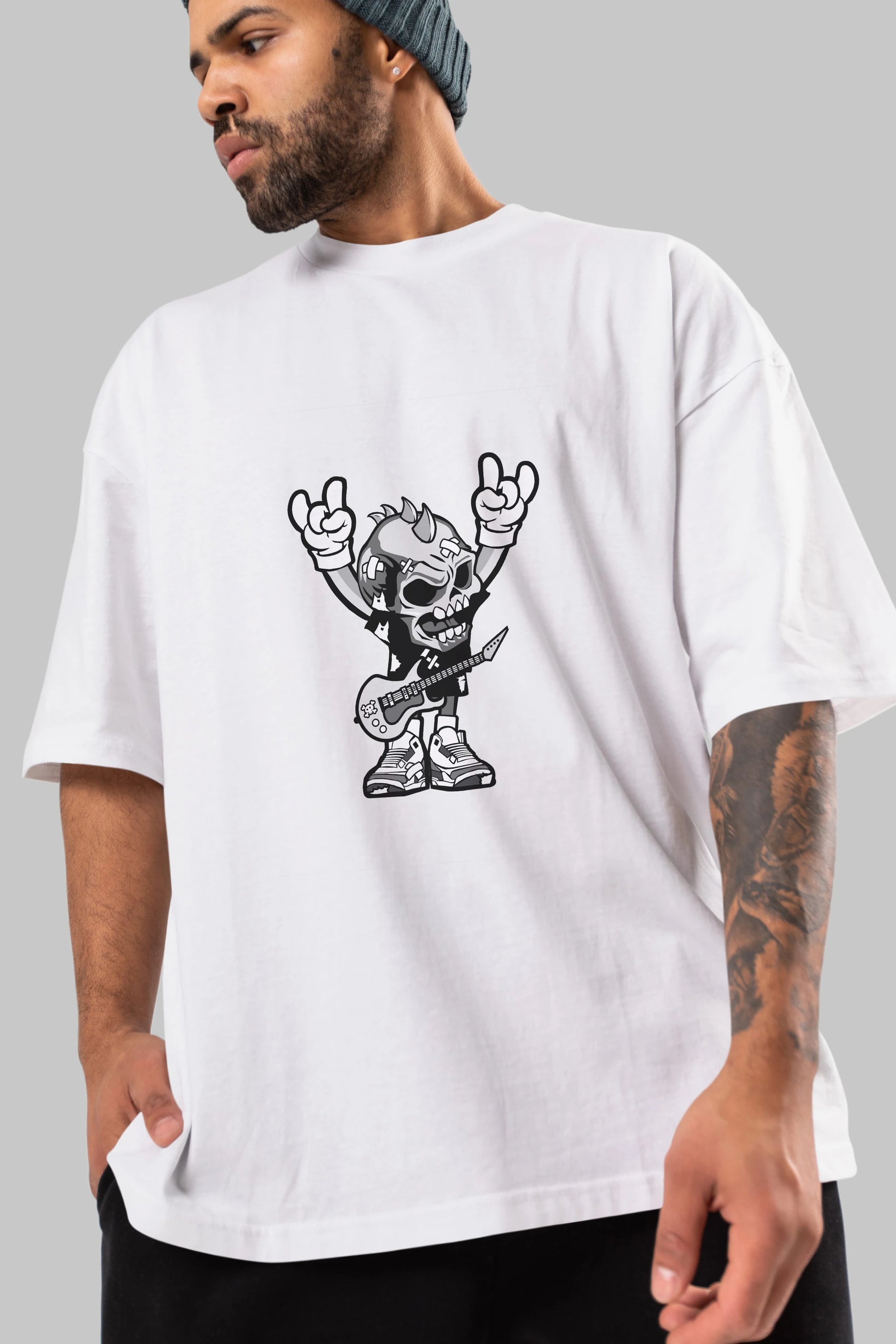Punk Rock Skull Ön Baskılı Oversize t-shirt Erkek Kadın Unisex %100 Pamuk tişort