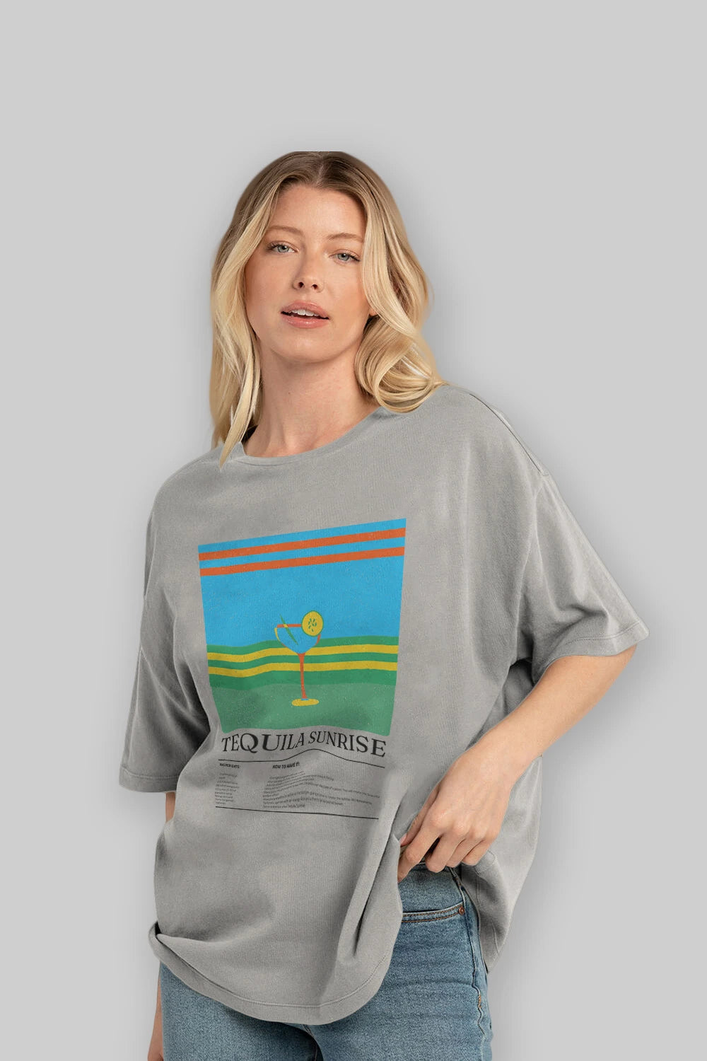 Tequila Sunrise Kokteyl Ön Baskılı Oversize t-shirt Erkek Kadın %100 Pamuk Bisiklet Yaka tişort
