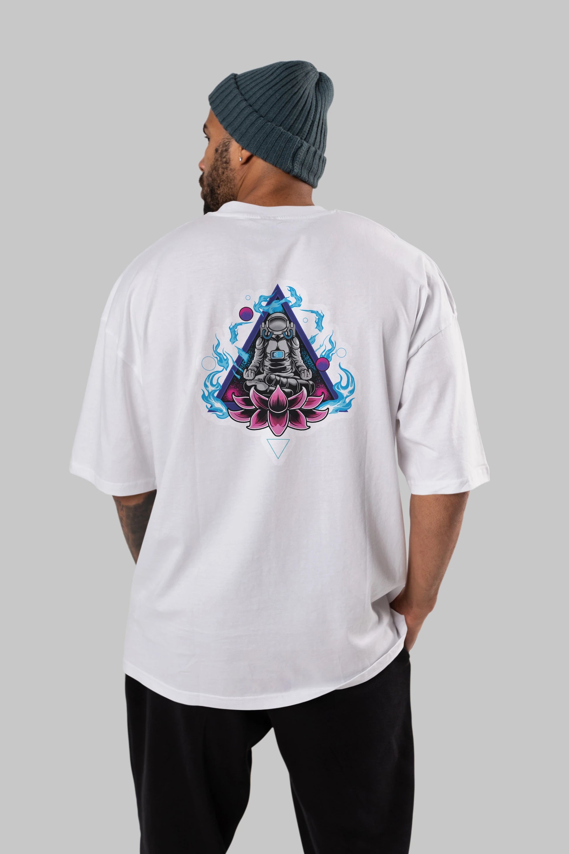 Astronaut Meditation Sticker Arka Baskılı Oversize t-shirt Erkek Kadın Unisex