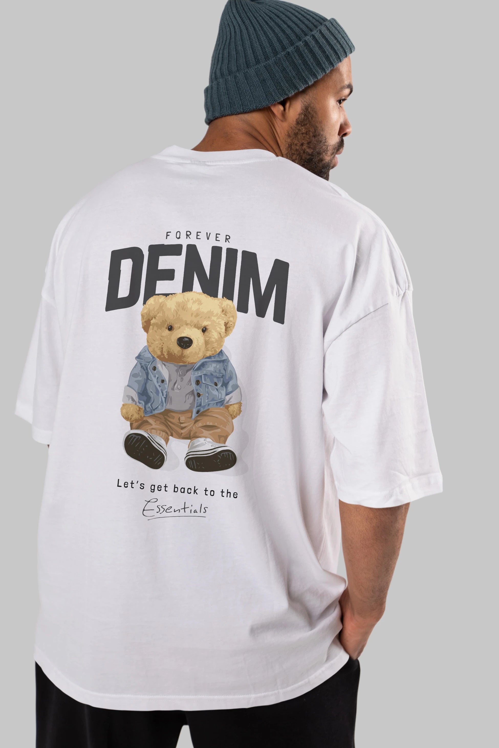 Teddy Bear Forever Denim Arka Baskılı Oversize t-shirt Erkek Kadın Unisex %100 Pamuk