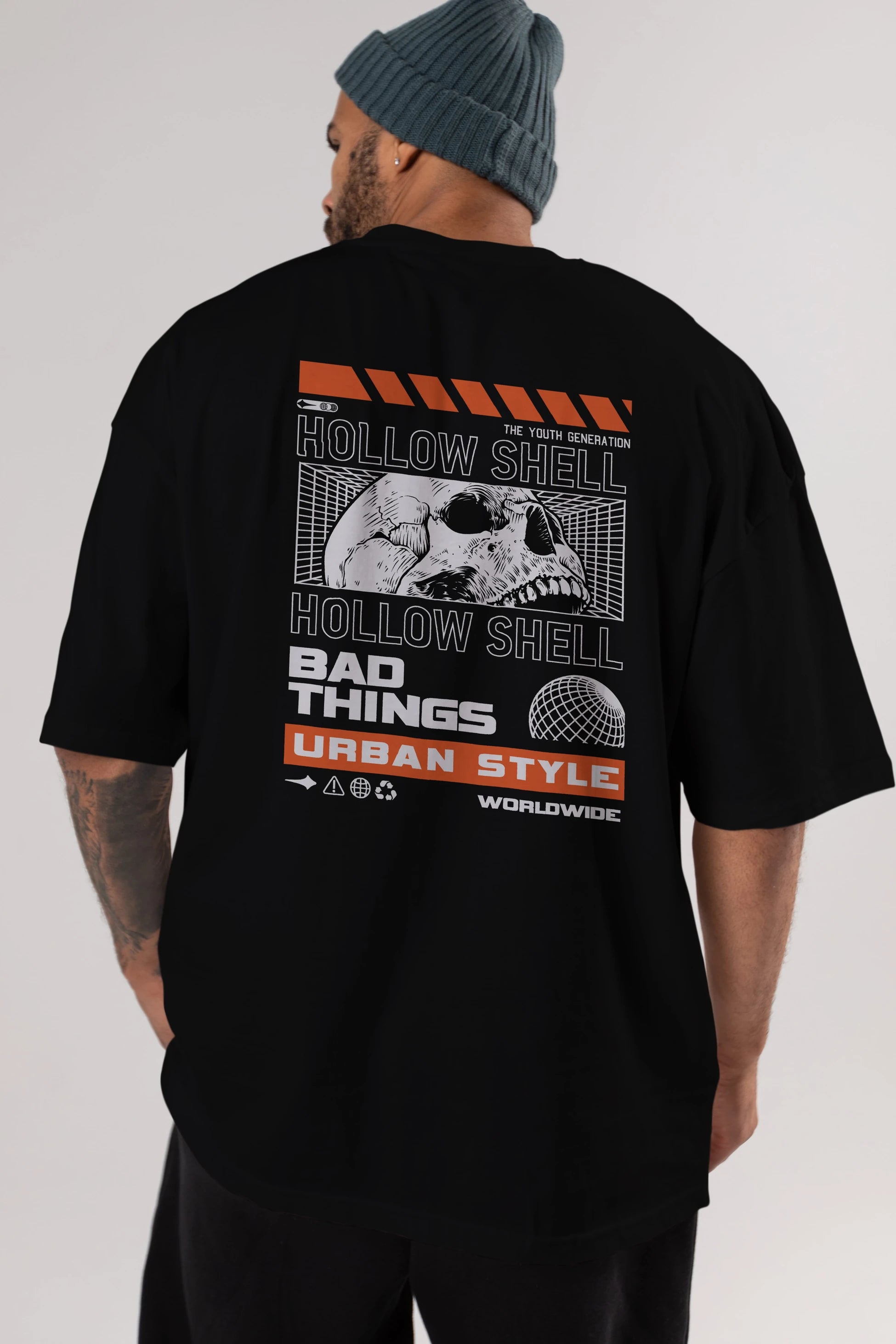 Hollow Shell Arka Baskılı Oversize t-shirt Erkek Kadın Unisex