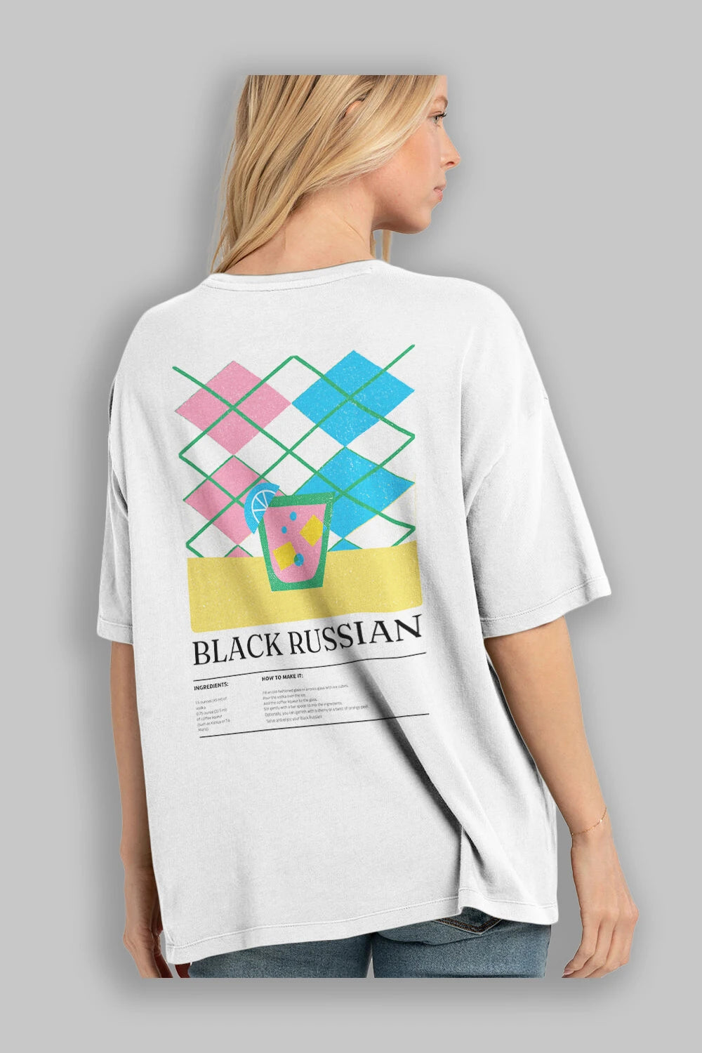 Black Russian Kokteyl Serisi Arka Baskılı Oversize t-shirt Erkek Kadın %100 Pamuk Bisiklet Yaka tişort