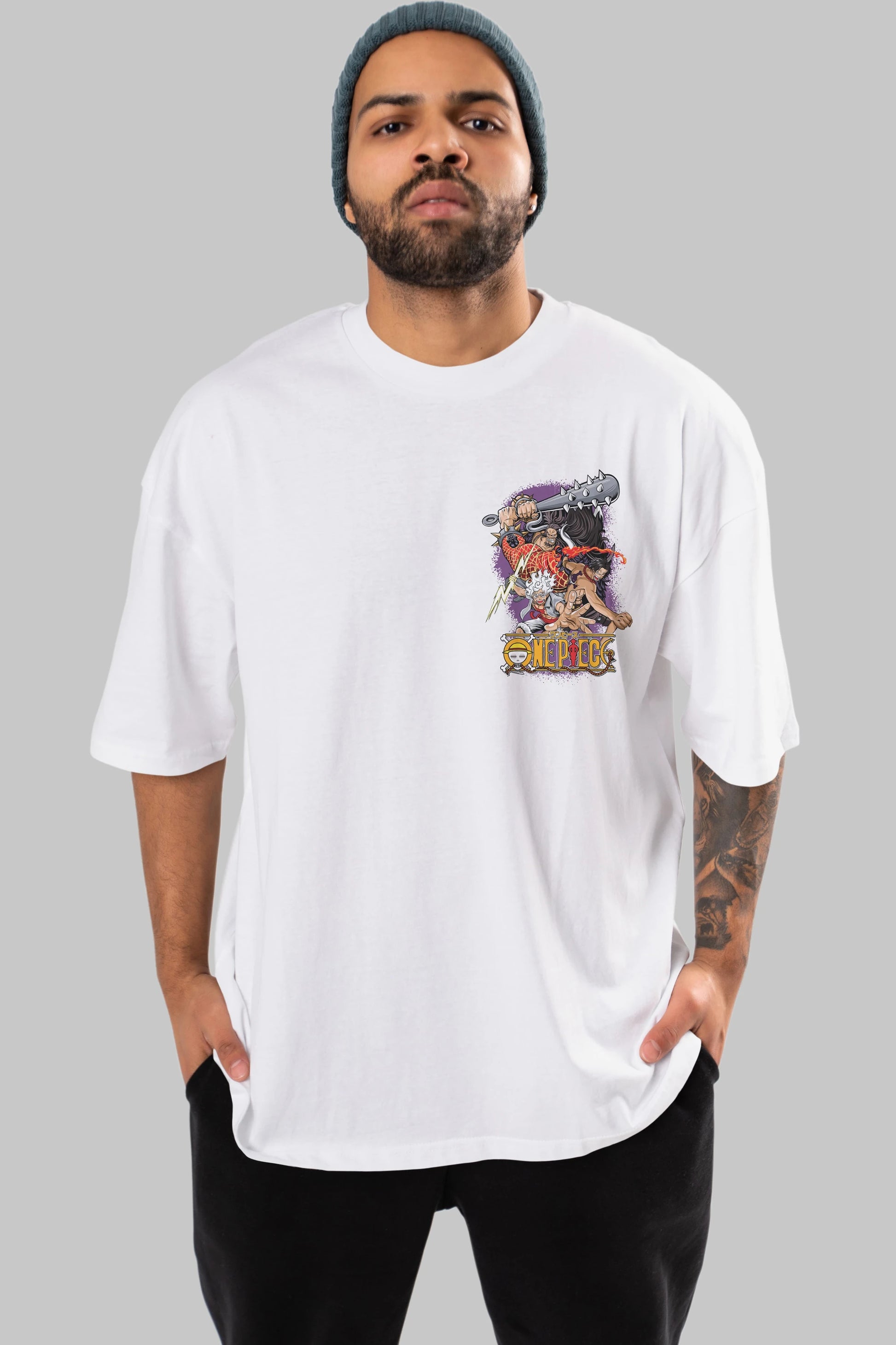 ONE PIECE (6) Ön Sol Baskılı Oversize t-shirt Erkek Kadın Unisex %100 Pamuk Bisiklet Yaka tişort