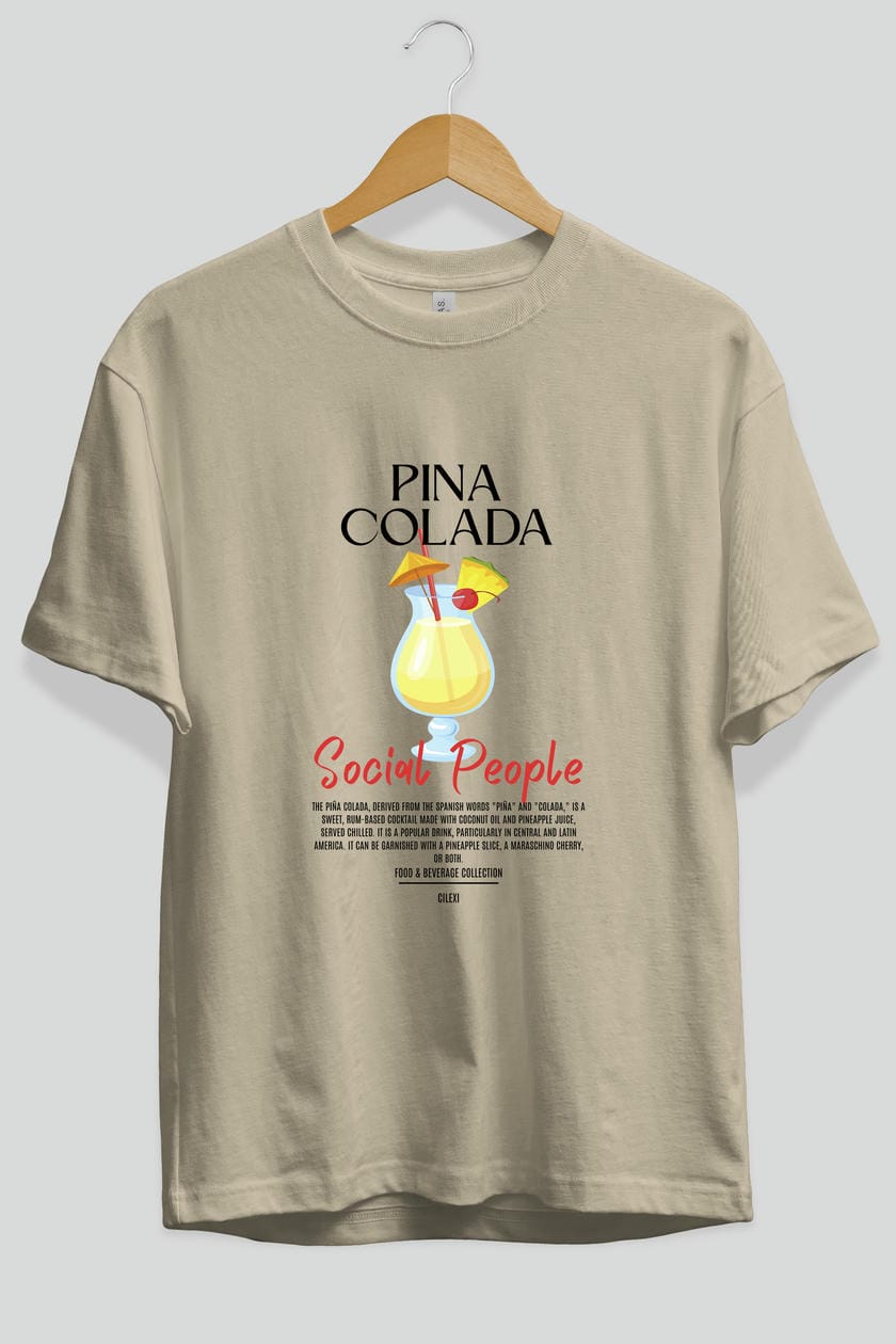 Pına Colada Kokteyl Serisi ön Baskılı Oversize t-shirt Erkek Kadın %100 Pamuk Bisiklet Yaka tişort