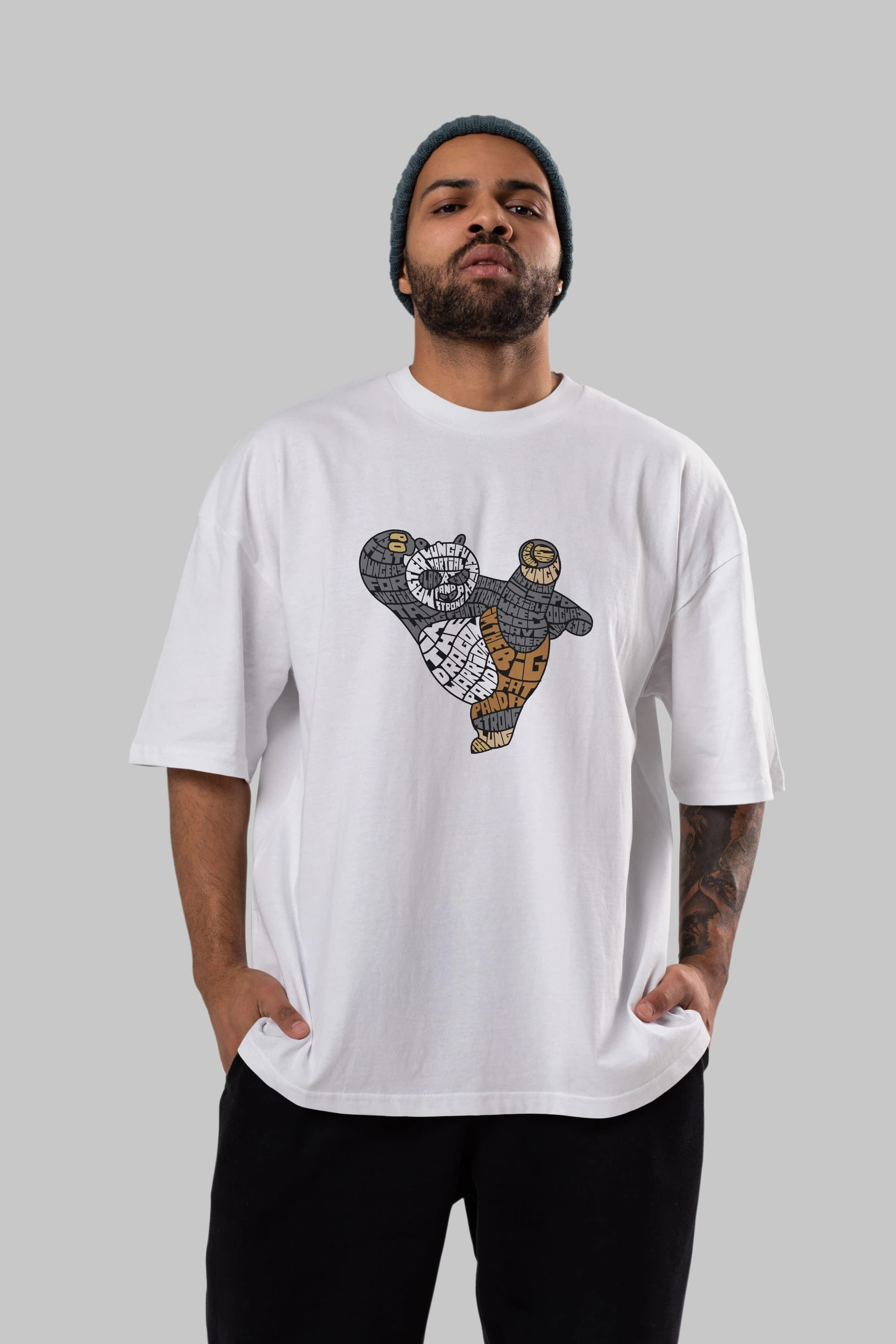 Warrior Panda Ön Baskılı Oversize t-shirt %100 pamuk Erkek Kadın Unisex