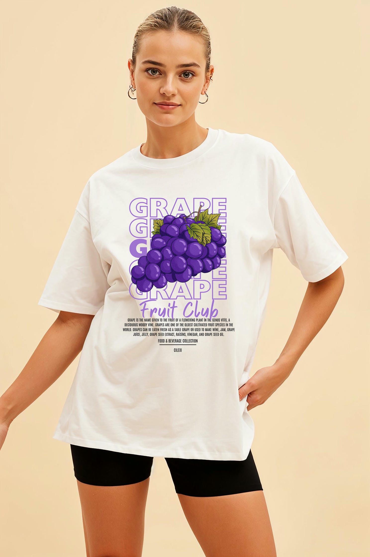 Grape Ön Baskılı Oversize t-shirt Erkek Kadın Pamuk Bisiklet Yaka tişort