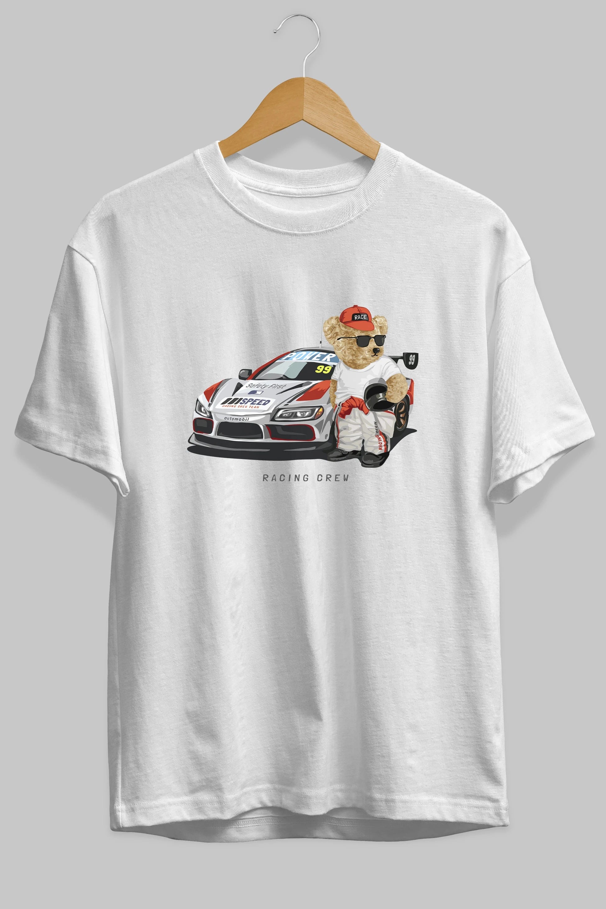 Teddy Bear Racing Crew Ön Baskılı Oversize t-shirt Erkek Kadın Unisex %100 Pamuk
