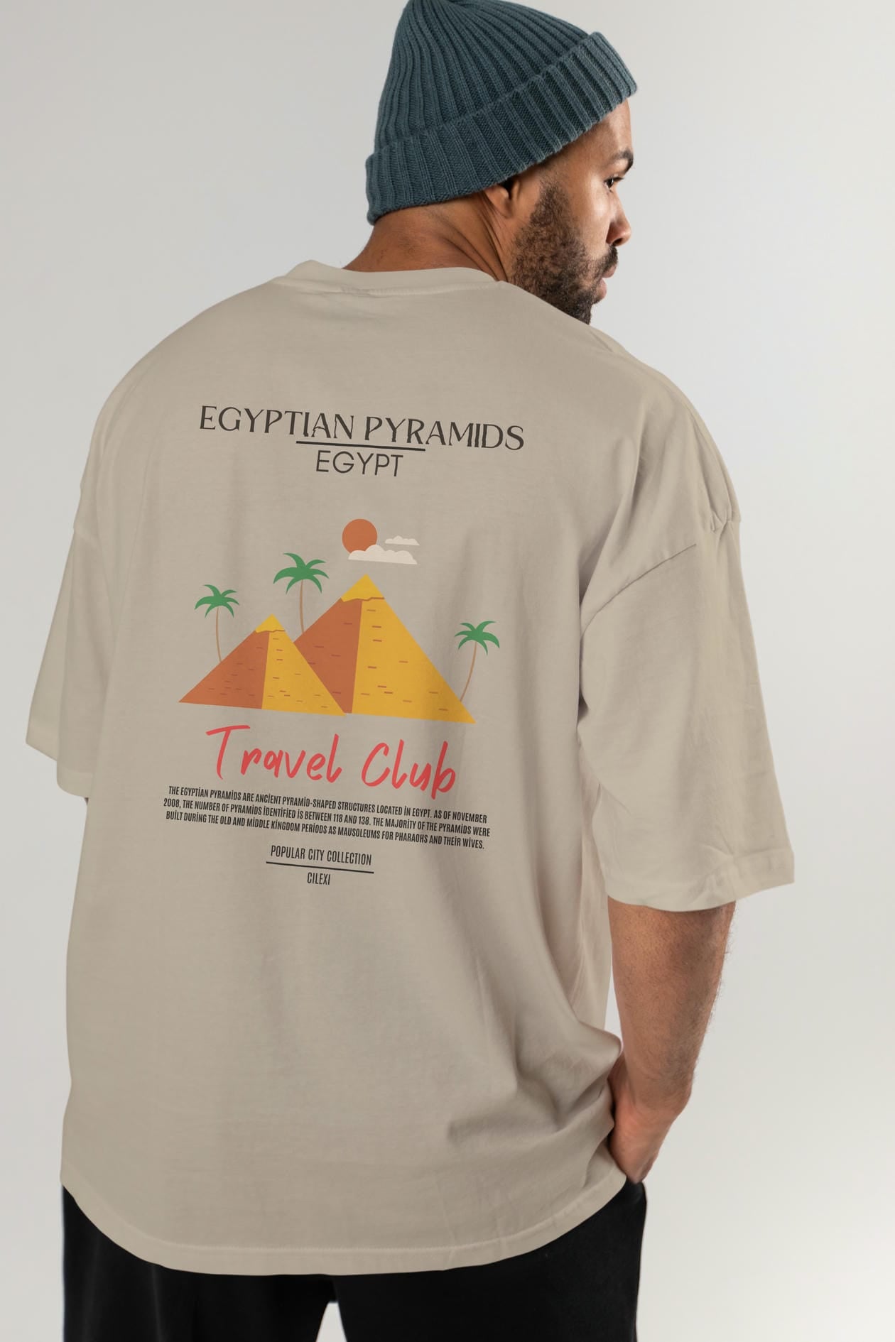 Egyptian Pyramids Egypt Arka Baskılı Oversize t-shirt Erkek Kadın Pamuk Bisiklet Yaka tişort