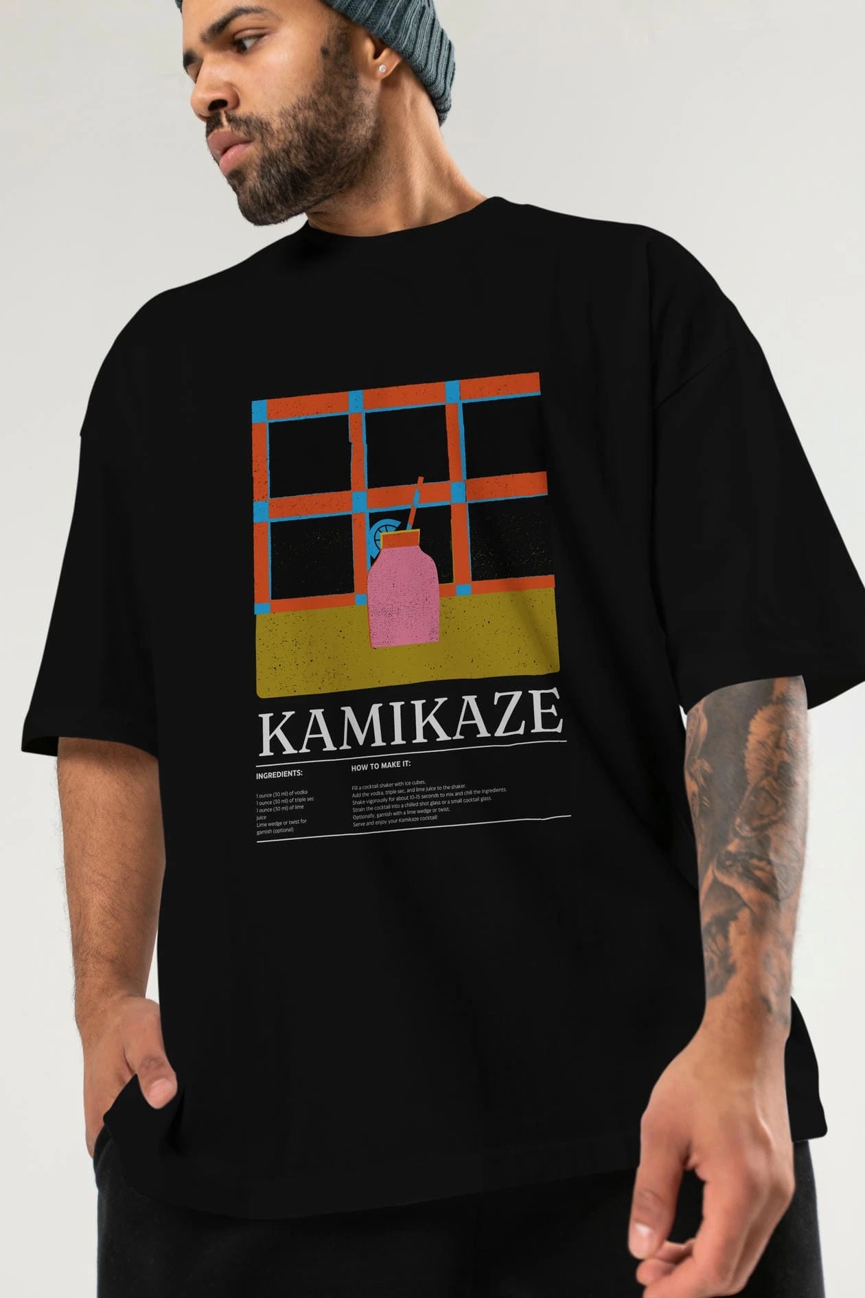 Kamikaze Kokteyl Ön Baskılı Oversize t-shirt Erkek Kadın %100 Pamuk Bisiklet Yaka tişort