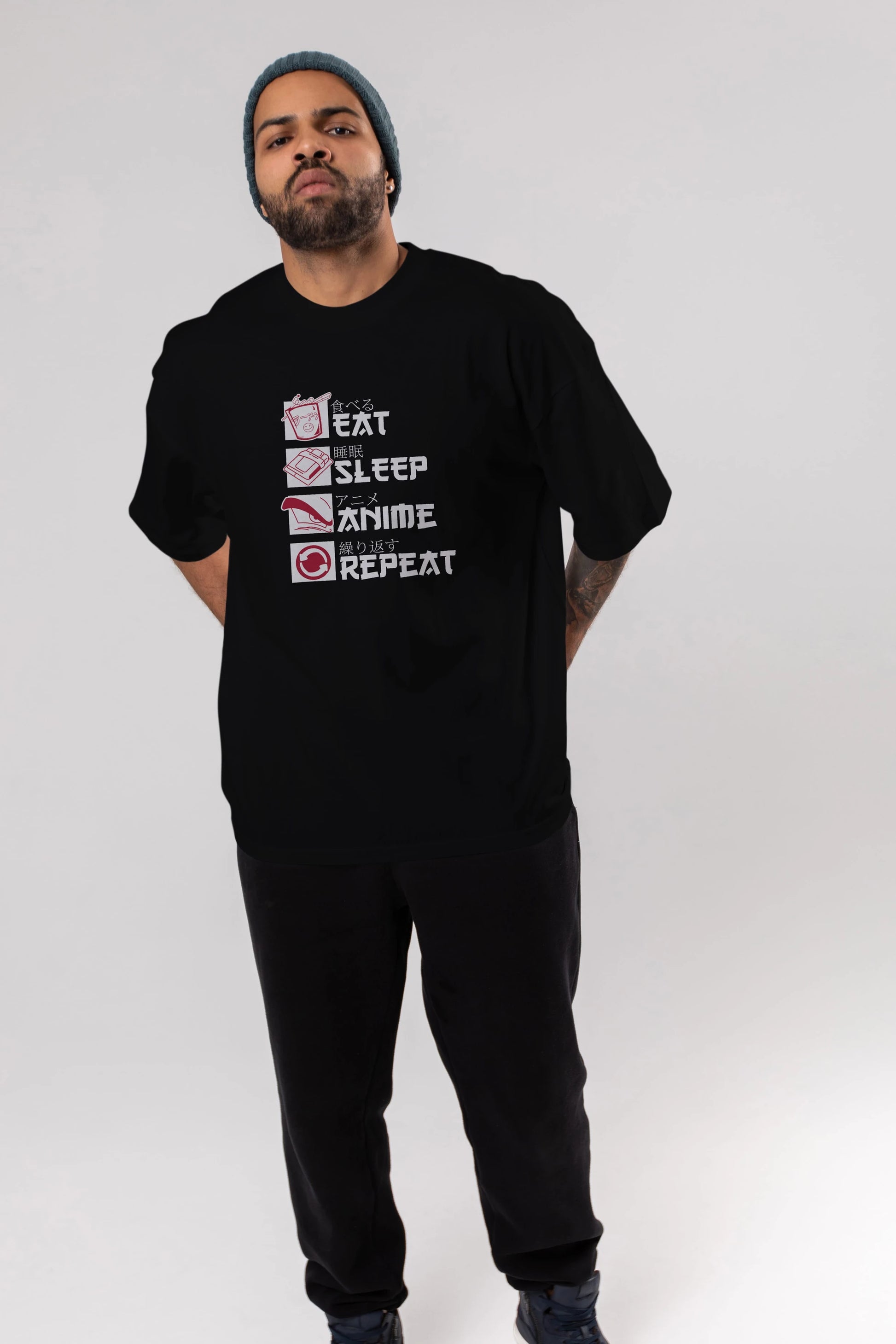 Eat, Sleep, Anime, Repeat Anime Ön Baskılı Oversize t-shirt %100 pamuk Erkek Kadın Unisex