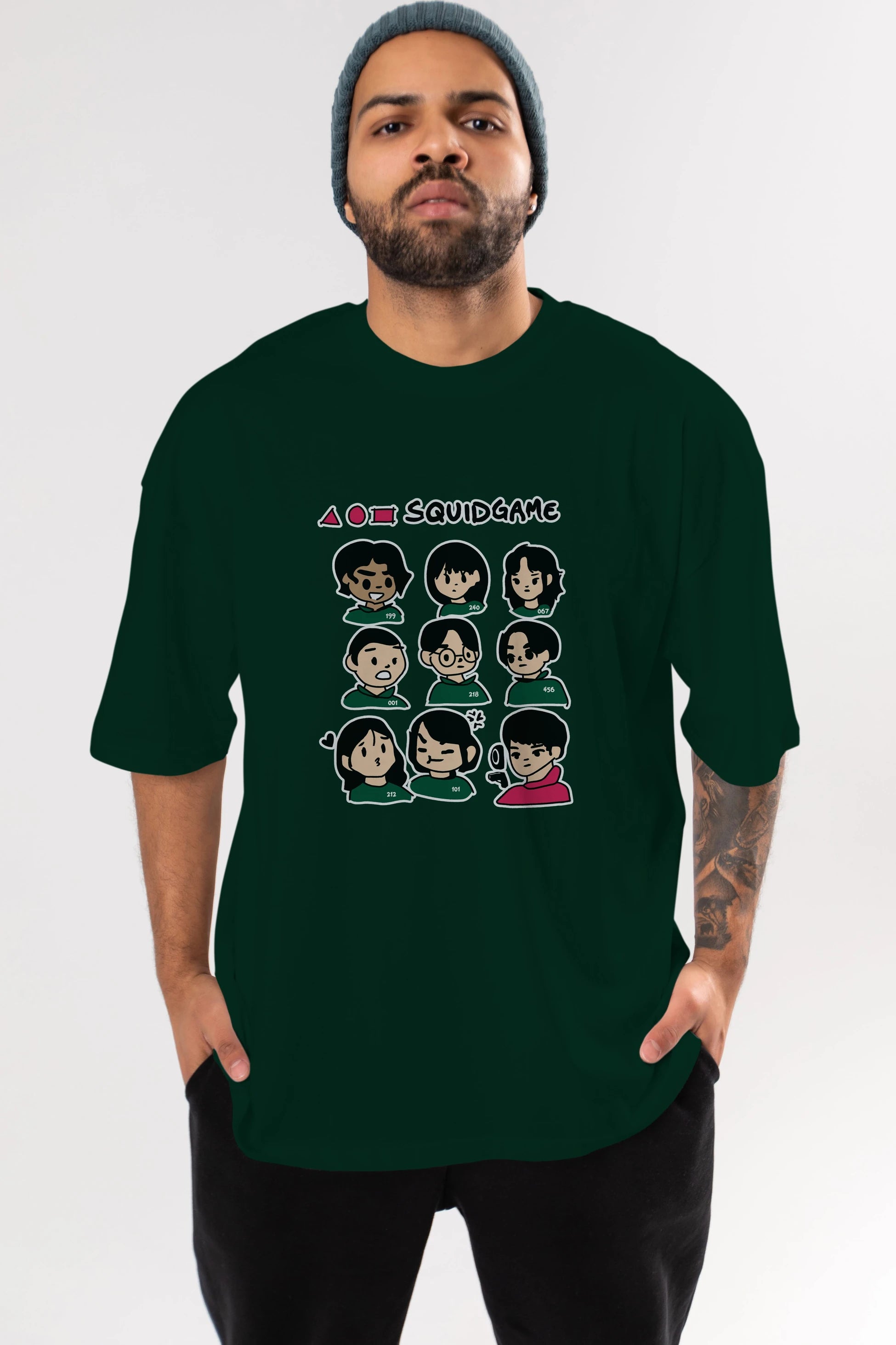 Squid Game (3) Ön Baskılı Oversize t-shirt Erkek Kadın Unisex %100 Pamuk Bisiklet Yaka tişort