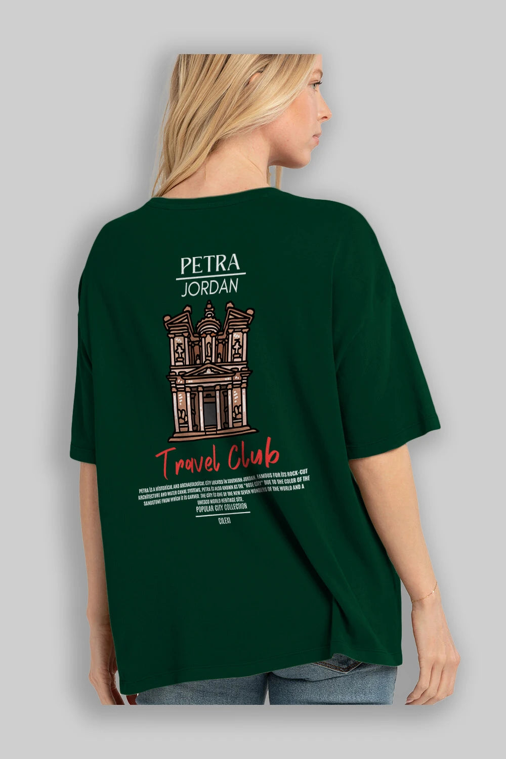 Petra Jordan Arka Baskılı Oversize t-shirt Erkek Kadın Pamuk Bisiklet Yaka tişort