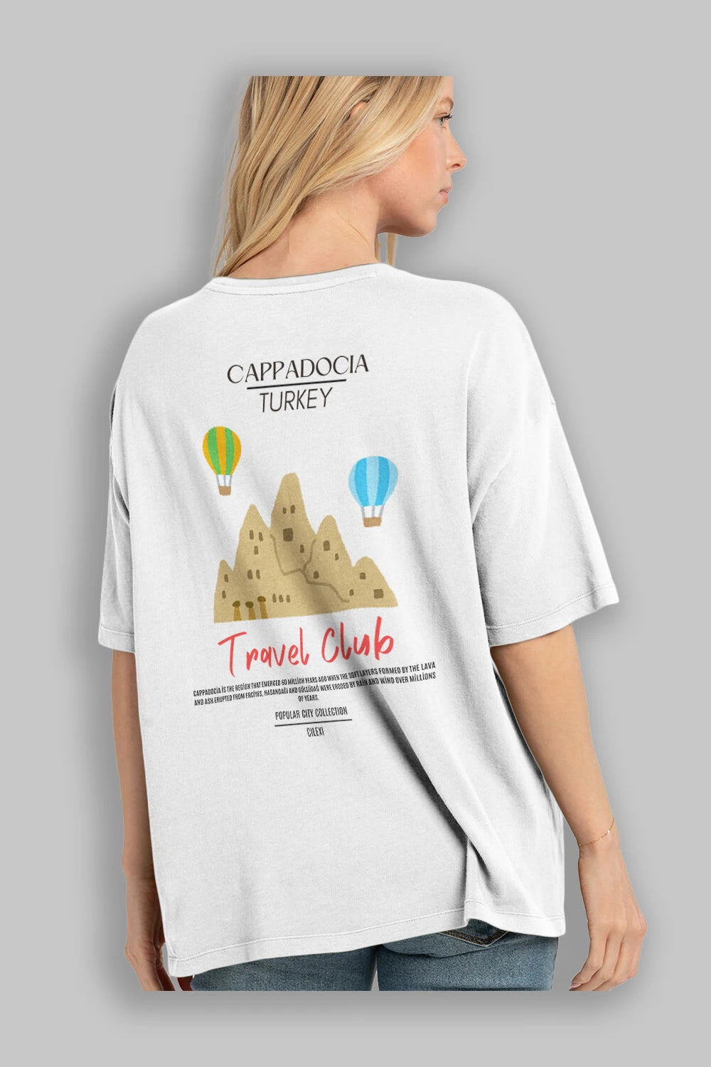 Cappadocia Turkey Arka Baskılı Oversize t-shirt Erkek Kadın Pamuk Bisiklet Yaka tişort