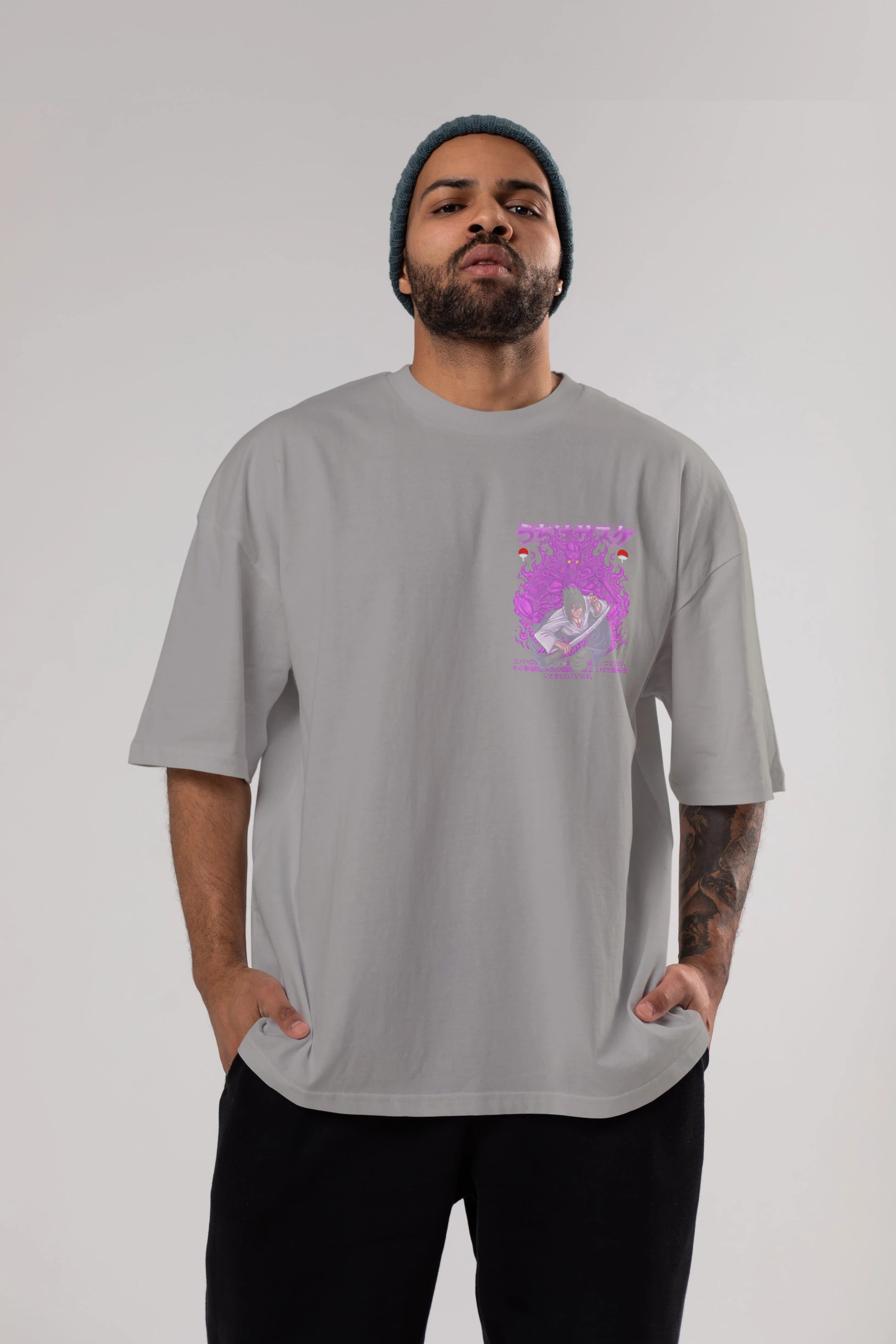 SASUKE UCHIHA NARUTO Ön Sol Baskılı Oversize t-shirt Erkek Kadın Unisex %100 Pamuk Bisiklet Yaka tişort