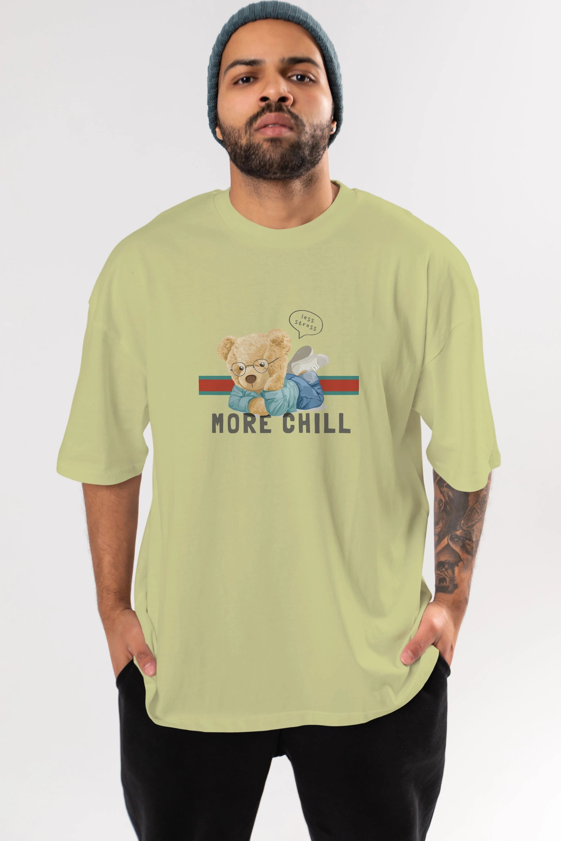 Teddy Bear More Chill Ön Baskılı Oversize t-shirt Erkek Kadın Unisex %100 Pamuk