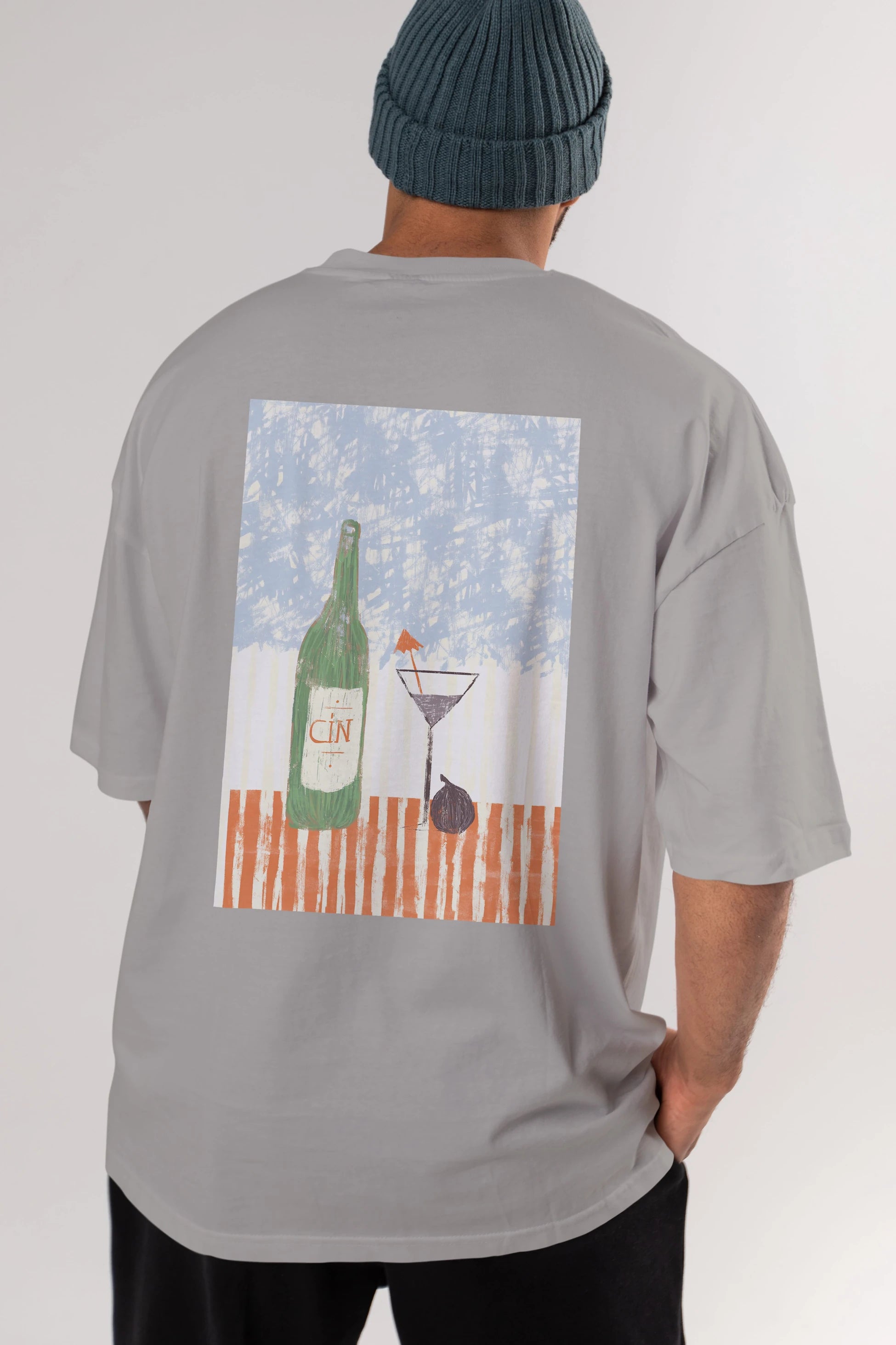 Gin Arka Baskılı Oversize t-shirt Erkek Kadın Unisex %100 Pamuk Bisiklet Yaka tişort
