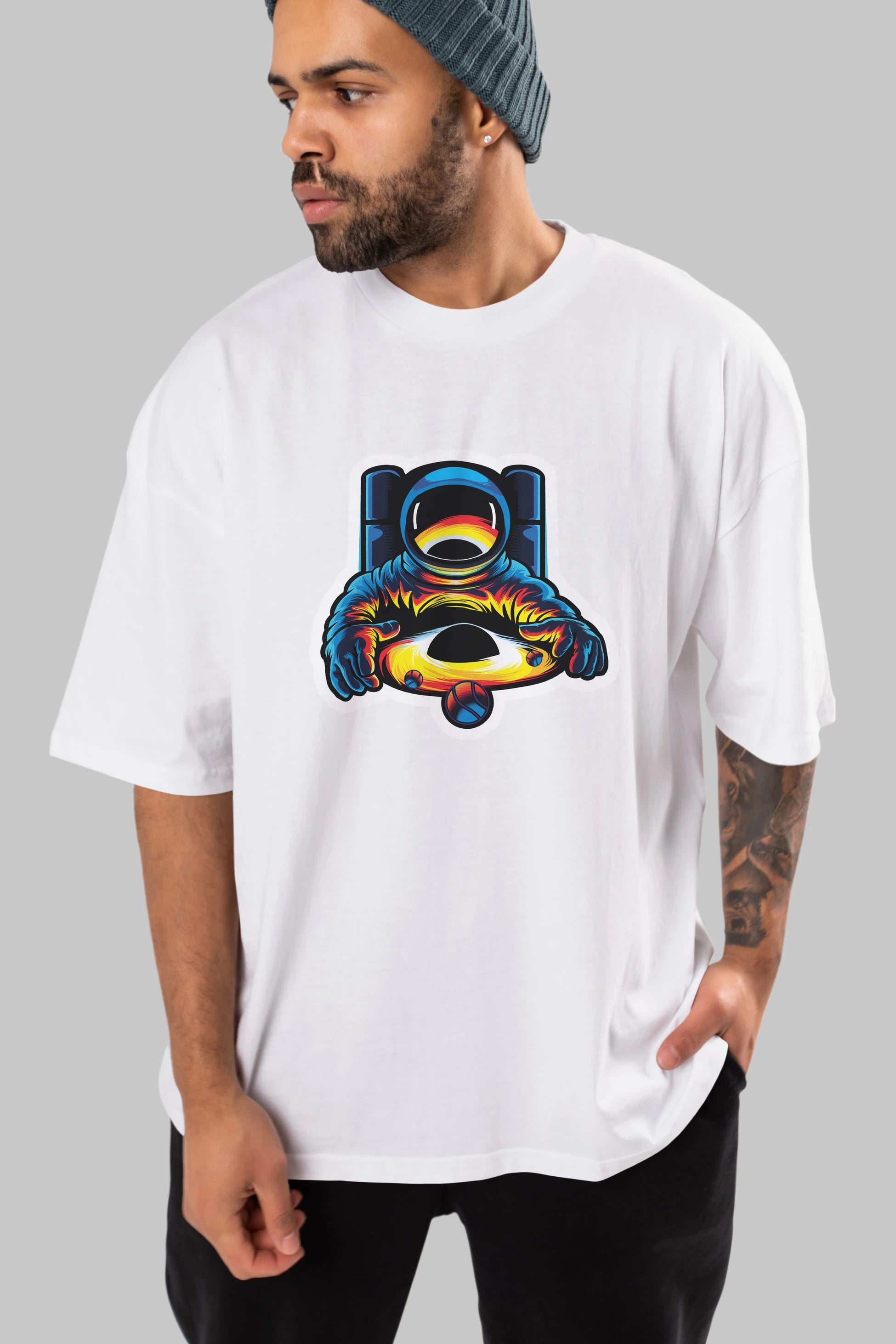 Astronaut & Black Hole Sticker Ön Baskılı Oversize t-shirt Erkek Kadın Unisex